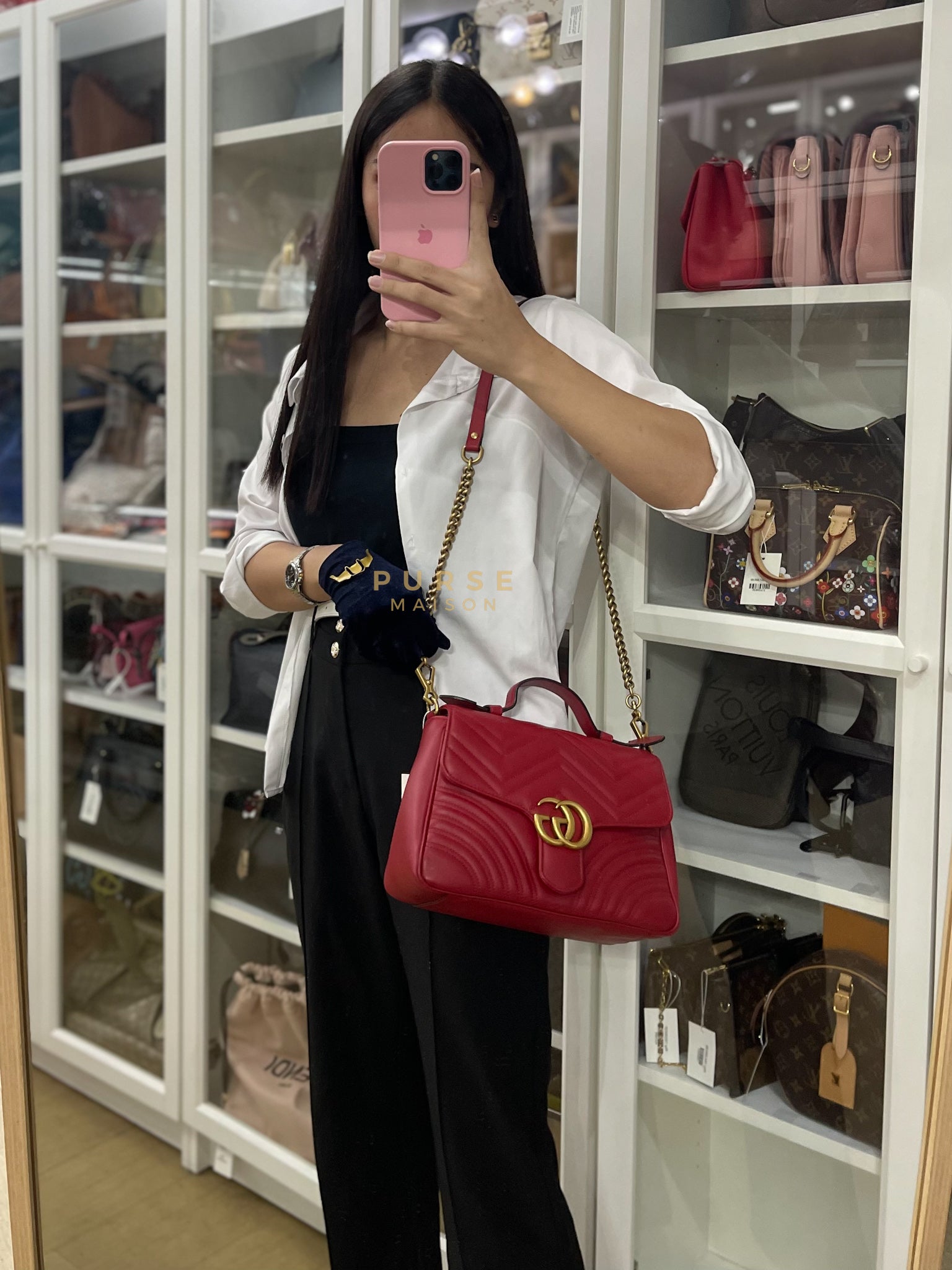 GG Marmont Top Handle Shoulder Bag in Hibiscus Red Calfskin Matelasse Leather & Gold Hardware | Purse Maison Luxury Bags Shop