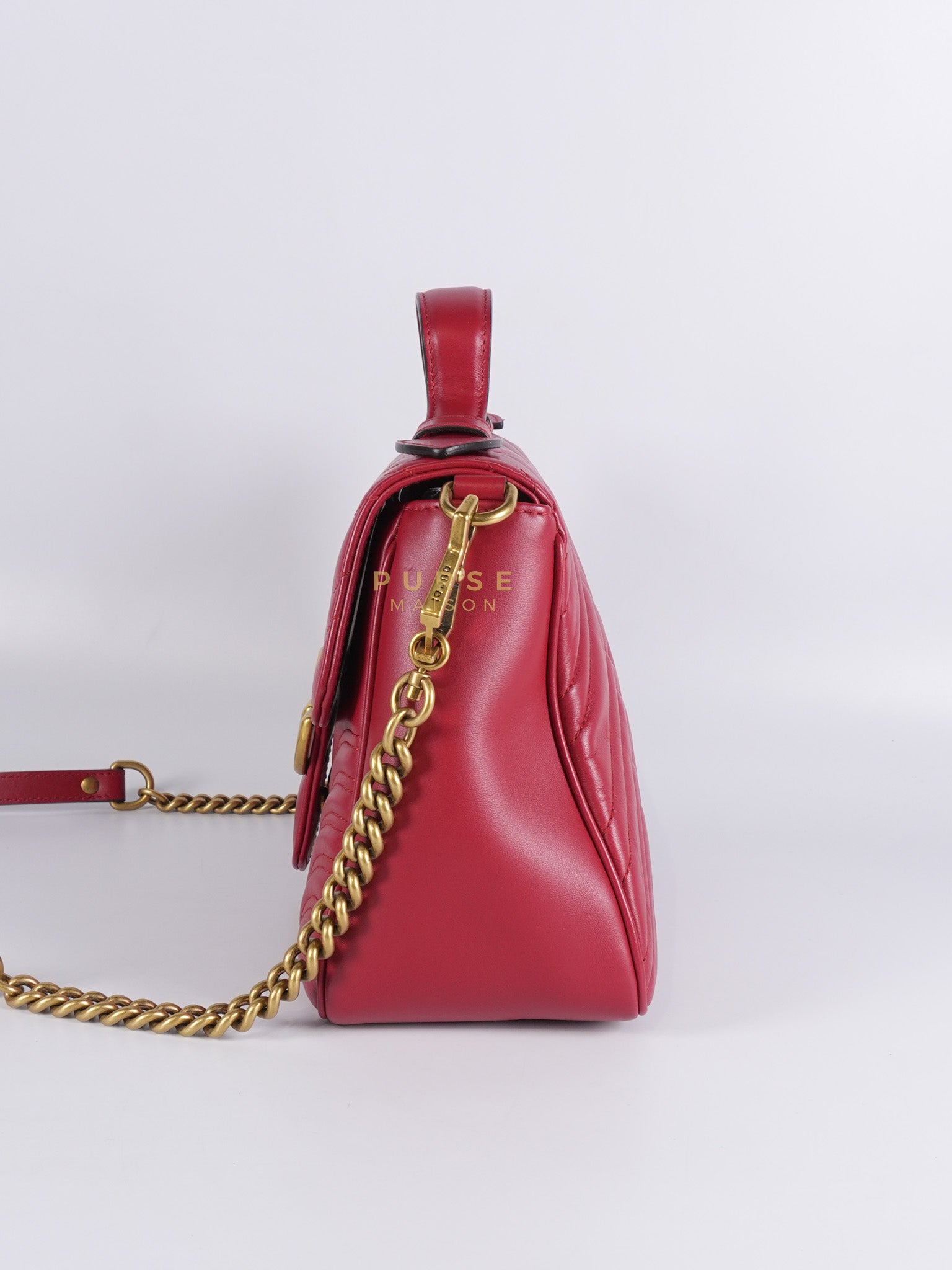 GG Marmont Top Handle Shoulder Bag in Hibiscus Red Calfskin Matelasse Leather & Gold Hardware | Purse Maison Luxury Bags Shop