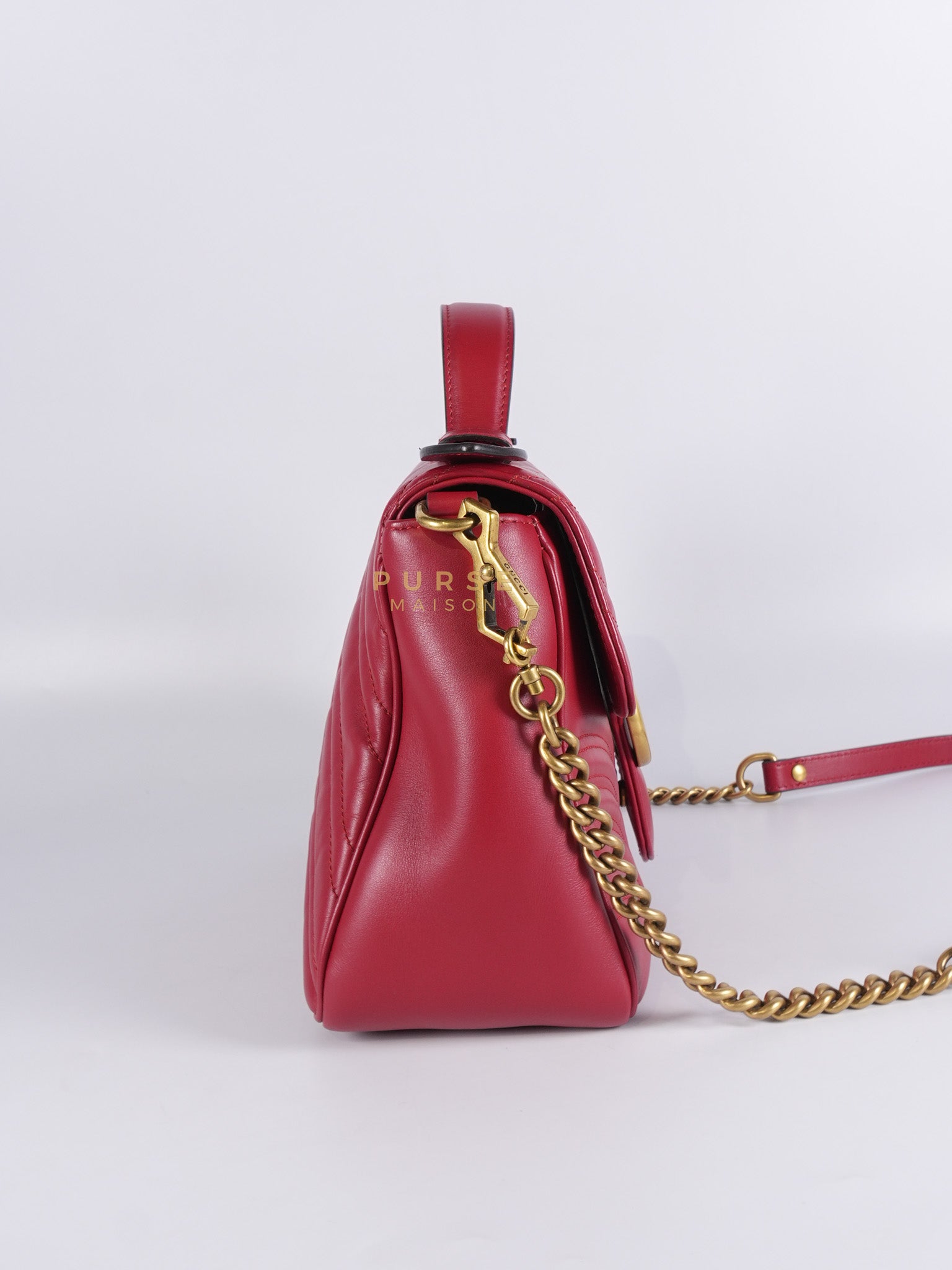 GG Marmont Top Handle Shoulder Bag in Hibiscus Red Calfskin Matelasse Leather & Gold Hardware | Purse Maison Luxury Bags Shop