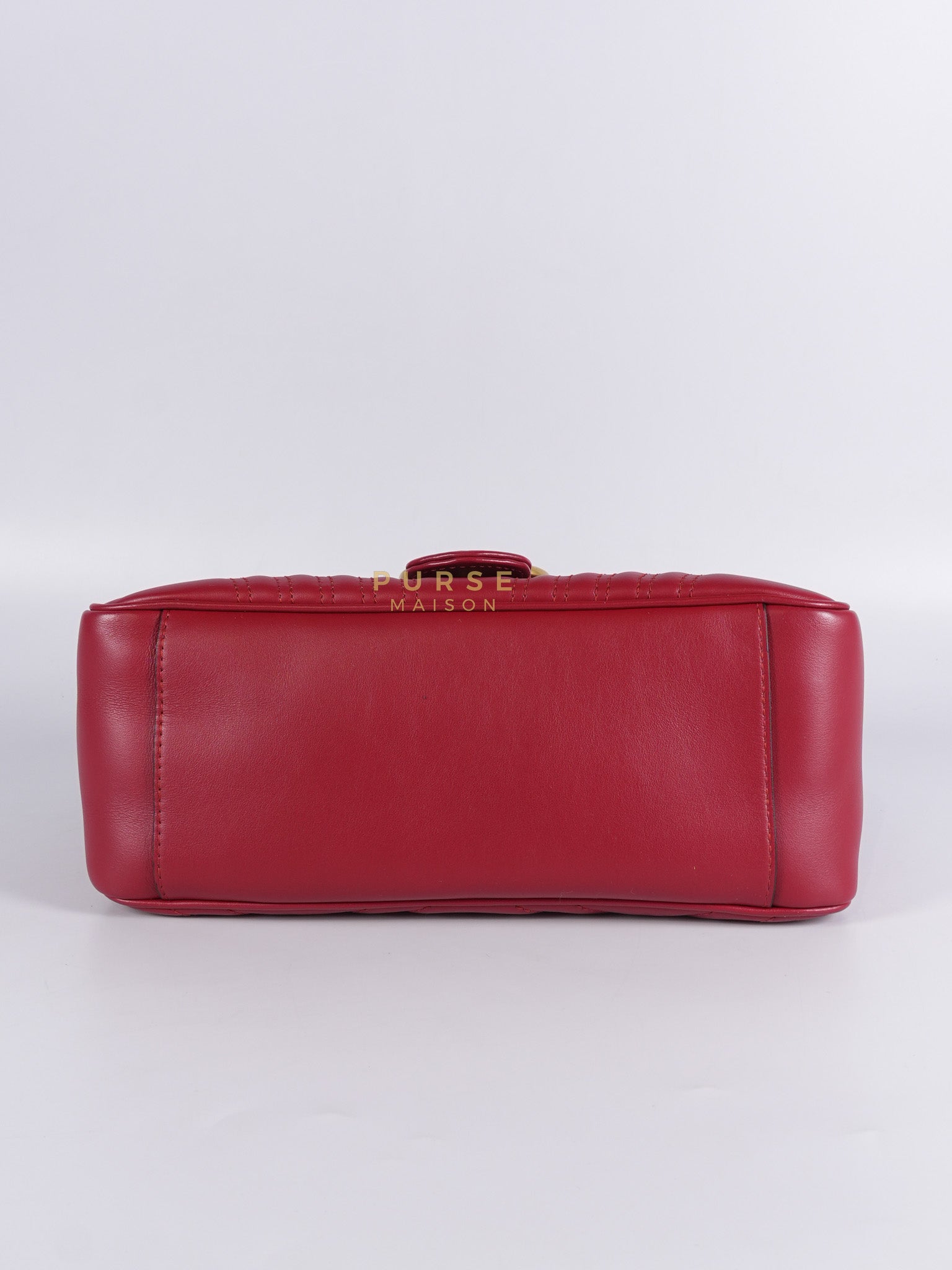 GG Marmont Top Handle Shoulder Bag in Hibiscus Red Calfskin Matelasse Leather & Gold Hardware | Purse Maison Luxury Bags Shop