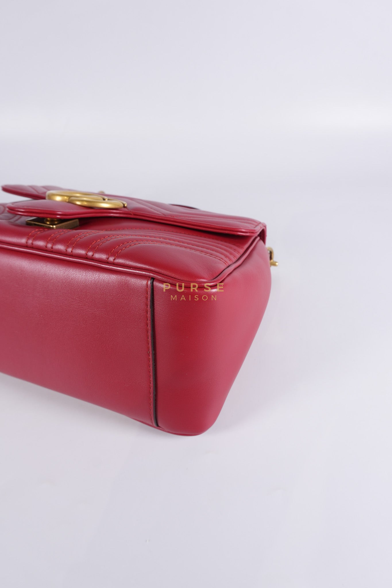 GG Marmont Top Handle Shoulder Bag in Hibiscus Red Calfskin Matelasse Leather & Gold Hardware | Purse Maison Luxury Bags Shop