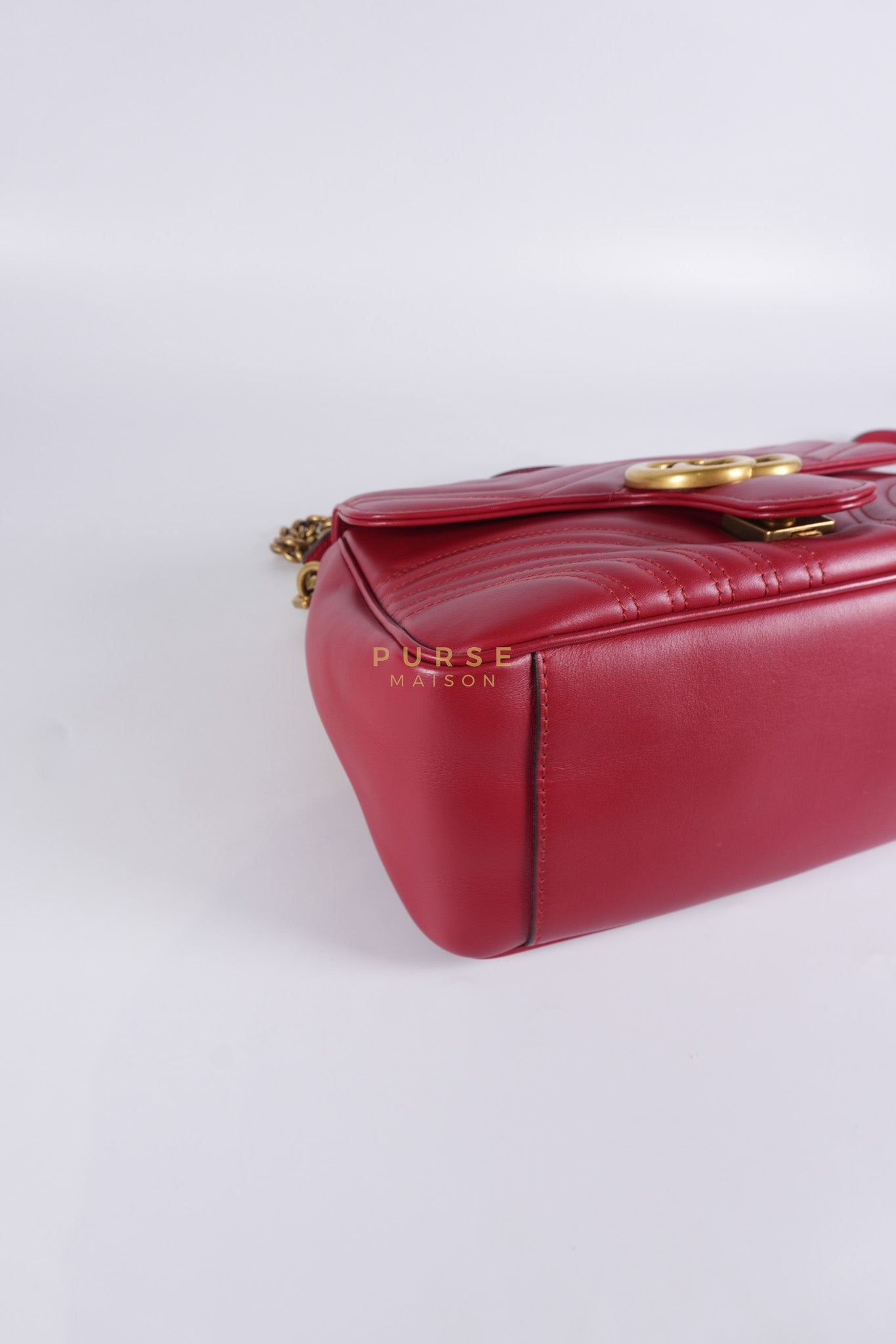 GG Marmont Top Handle Shoulder Bag in Hibiscus Red Calfskin Matelasse Leather & Gold Hardware | Purse Maison Luxury Bags Shop