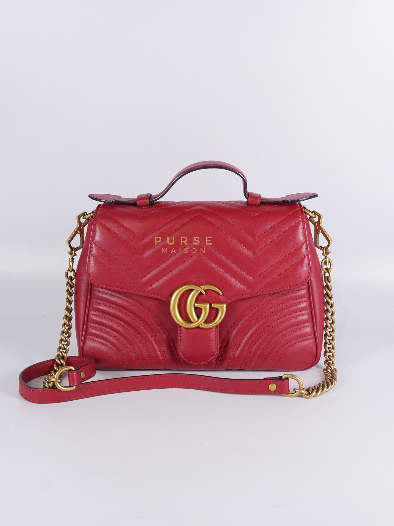 GG Marmont Top Handle Shoulder Bag in Hibiscus Red Calfskin Matelasse Leather & Gold Hardware | Purse Maison Luxury Bags Shop