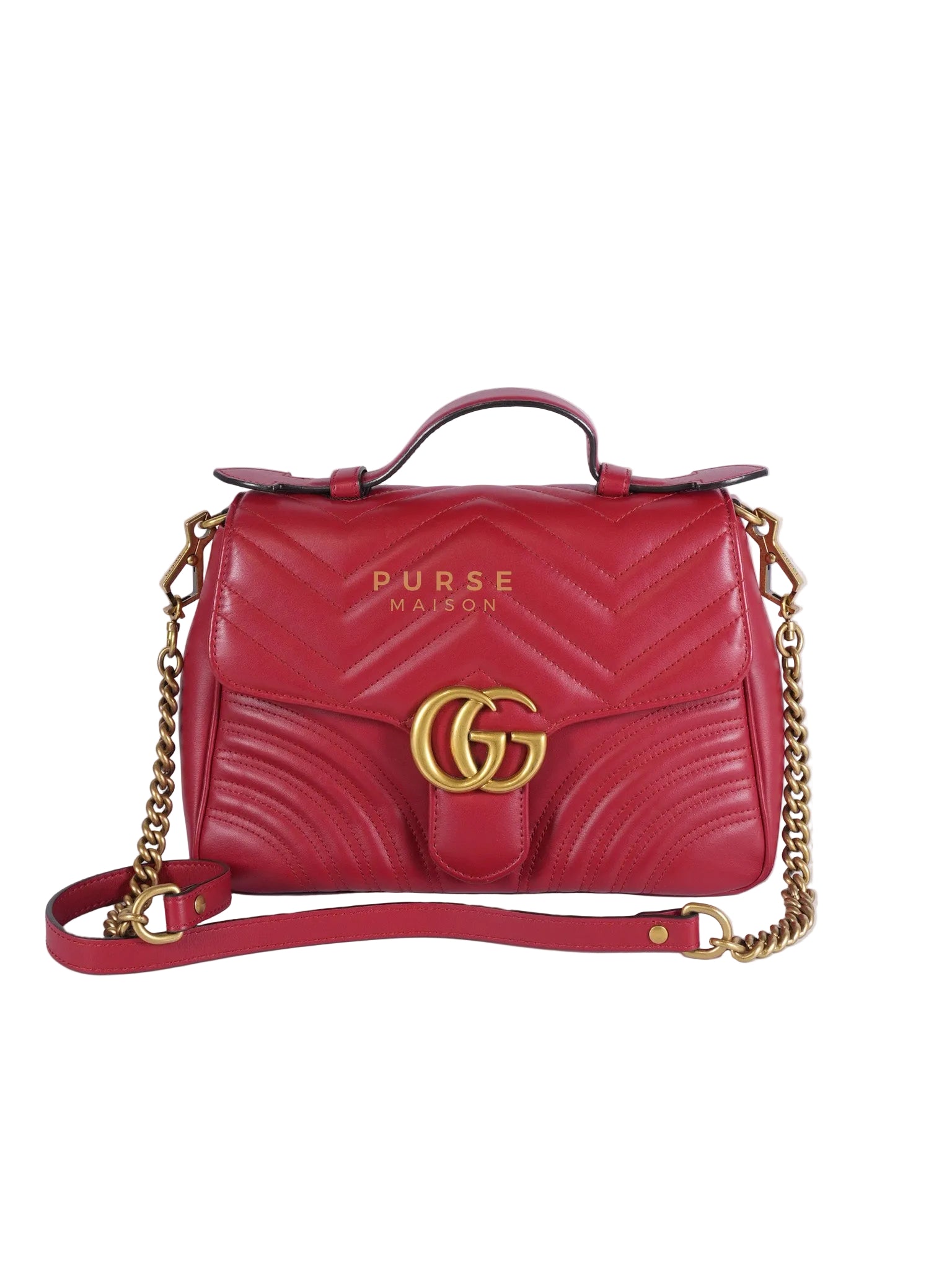 GG Marmont Top Handle Shoulder Bag in Hibiscus Red Calfskin Matelasse Leather & Gold Hardware | Purse Maison Luxury Bags Shop