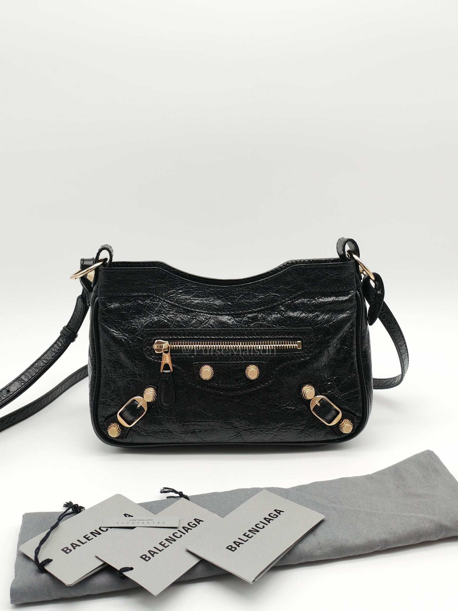 Giant 12 Hip Crossbody Bag in Black Textured Lambskin Leather & Gold Hardware | Purse Maison Luxury Bags Shop