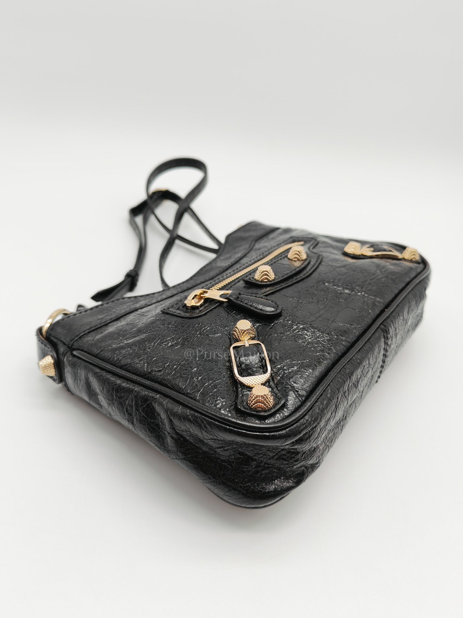 Giant 12 Hip Crossbody Bag in Black Textured Lambskin Leather & Gold Hardware | Purse Maison Luxury Bags Shop