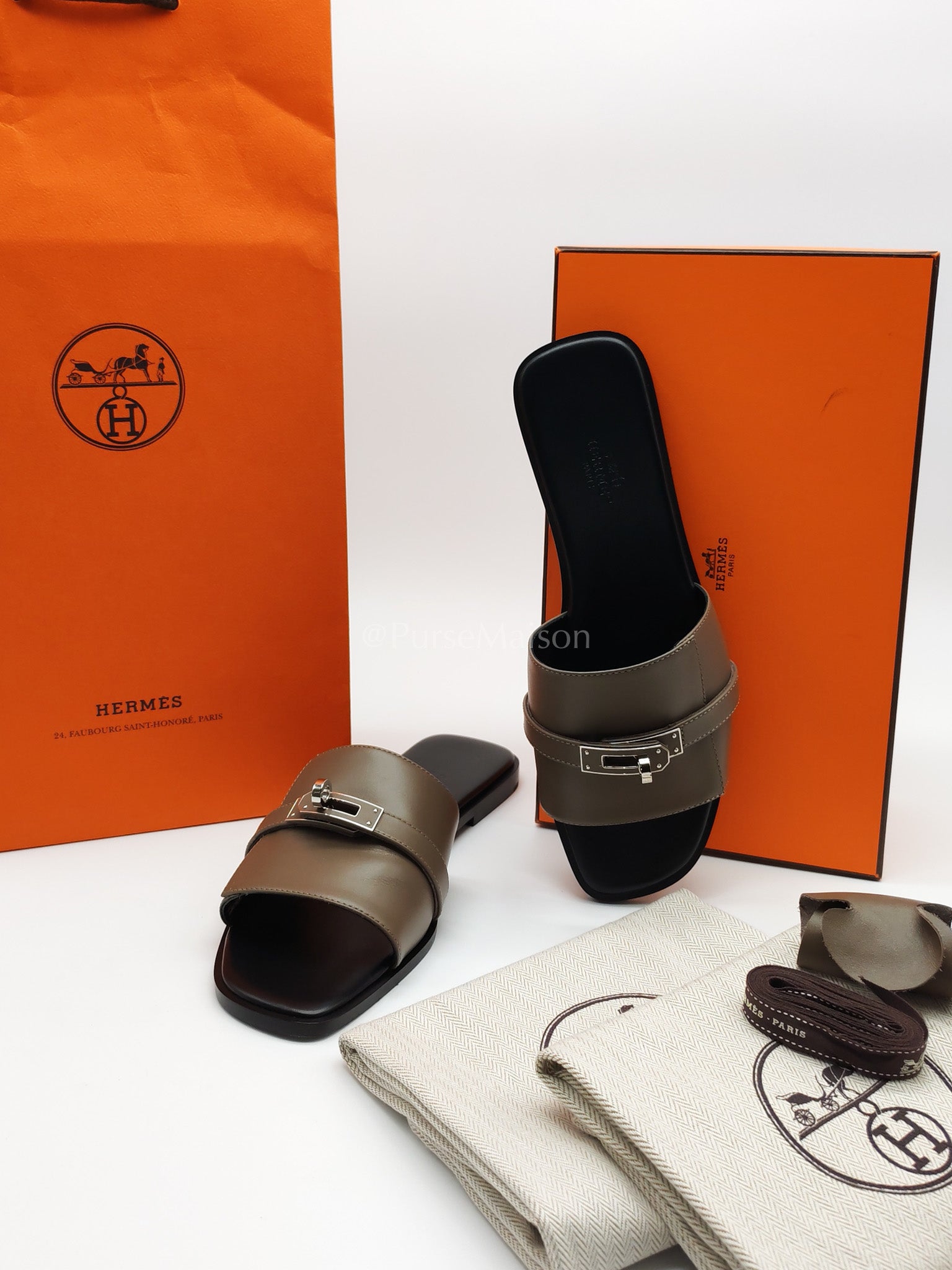 Giulia Sandals in Taupe Calfskin Leather Palladium Hardware Size 39 EU(25 cm) | Purse Maison Luxury Bags Shop