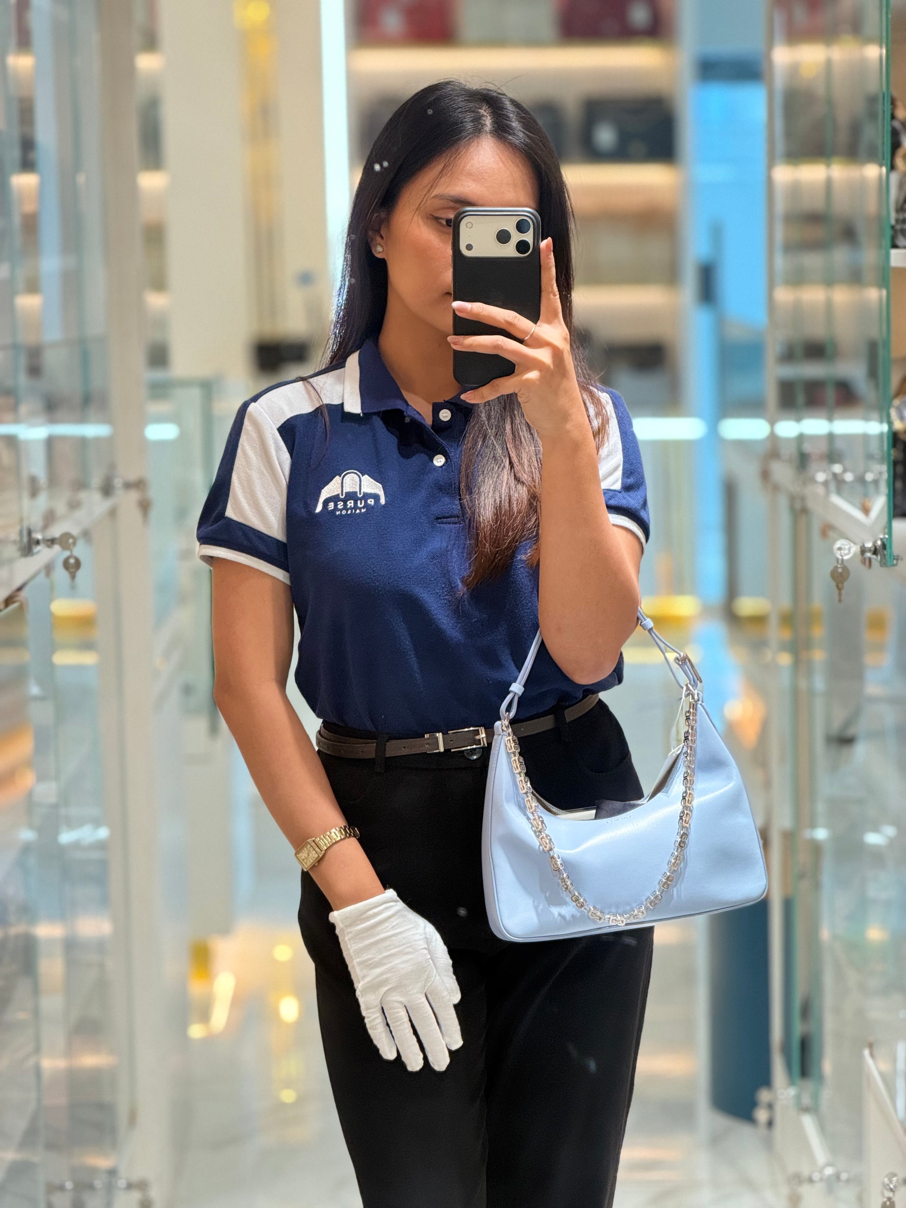 Givenchy Moon Cut Out Shoulder Bag Small in Baby Blue Smooth Calfskin Leather & Silver Hardware | Purse Maison Luxury Bags Shop