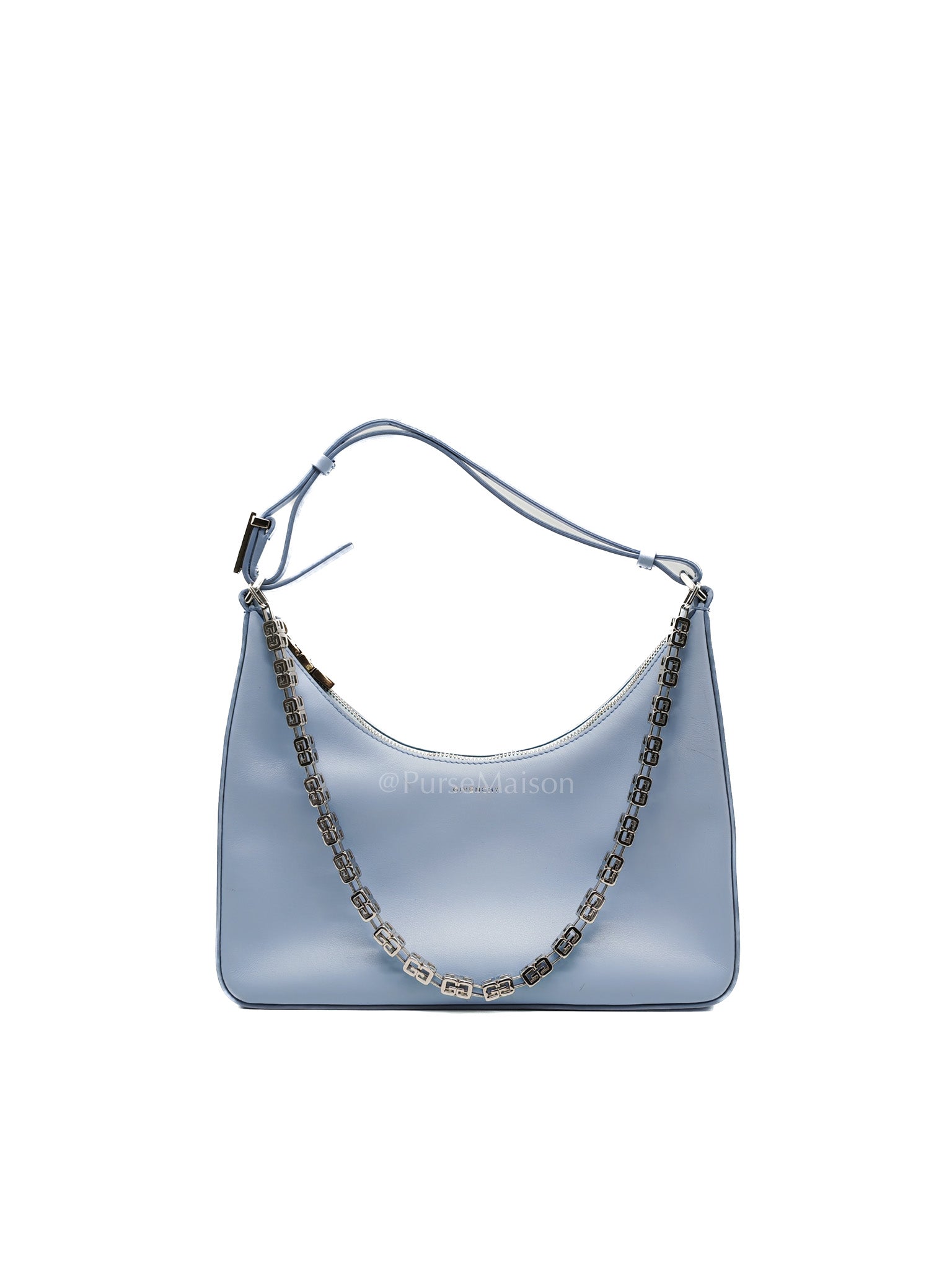 Moon Cut Out Shoulder Bag Small in Baby Blue Smooth Calfskin Leather & Silver Hardware | Purse Maison Luxury Bags Shop