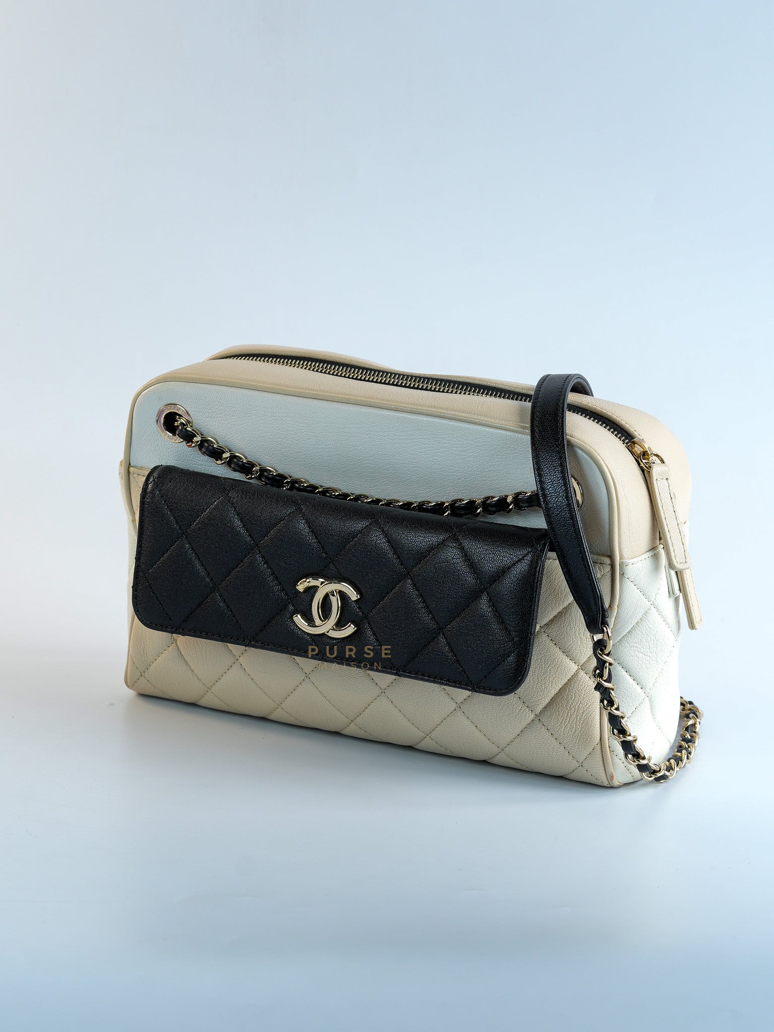 Goatskin Quilted Tri-Color Medium In & Out Camera Case Beige/White/Black (Series 29) | Purse Maison Luxury Bags Shop