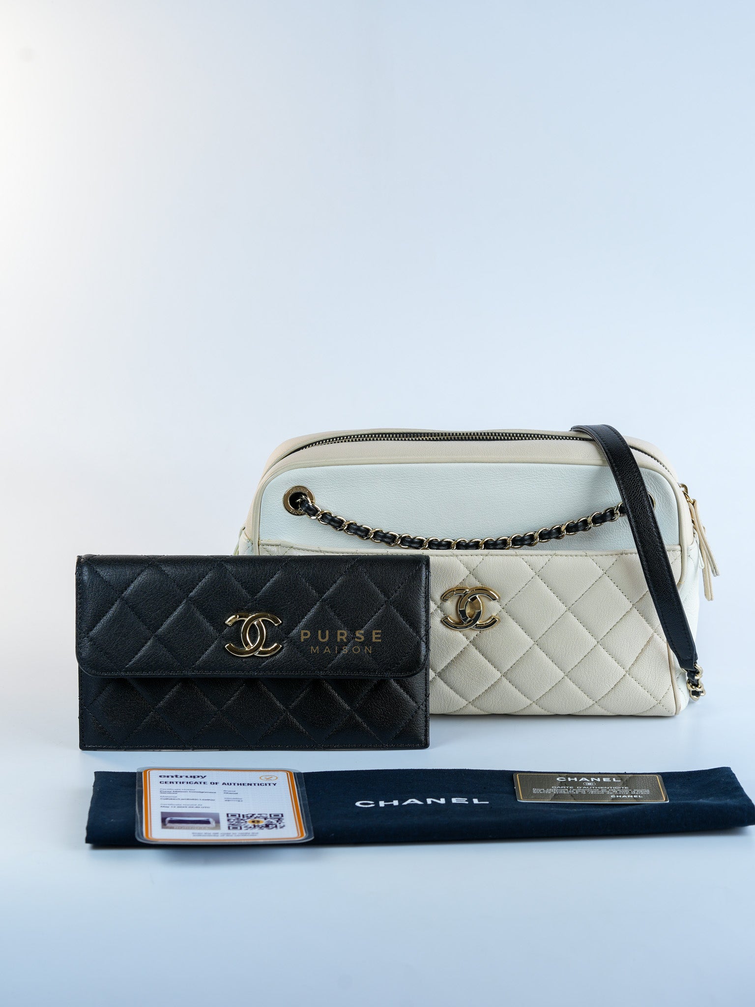 Goatskin Quilted Tri-Color Medium In & Out Camera Case Beige/White/Black (Series 29) | Purse Maison Luxury Bags Shop