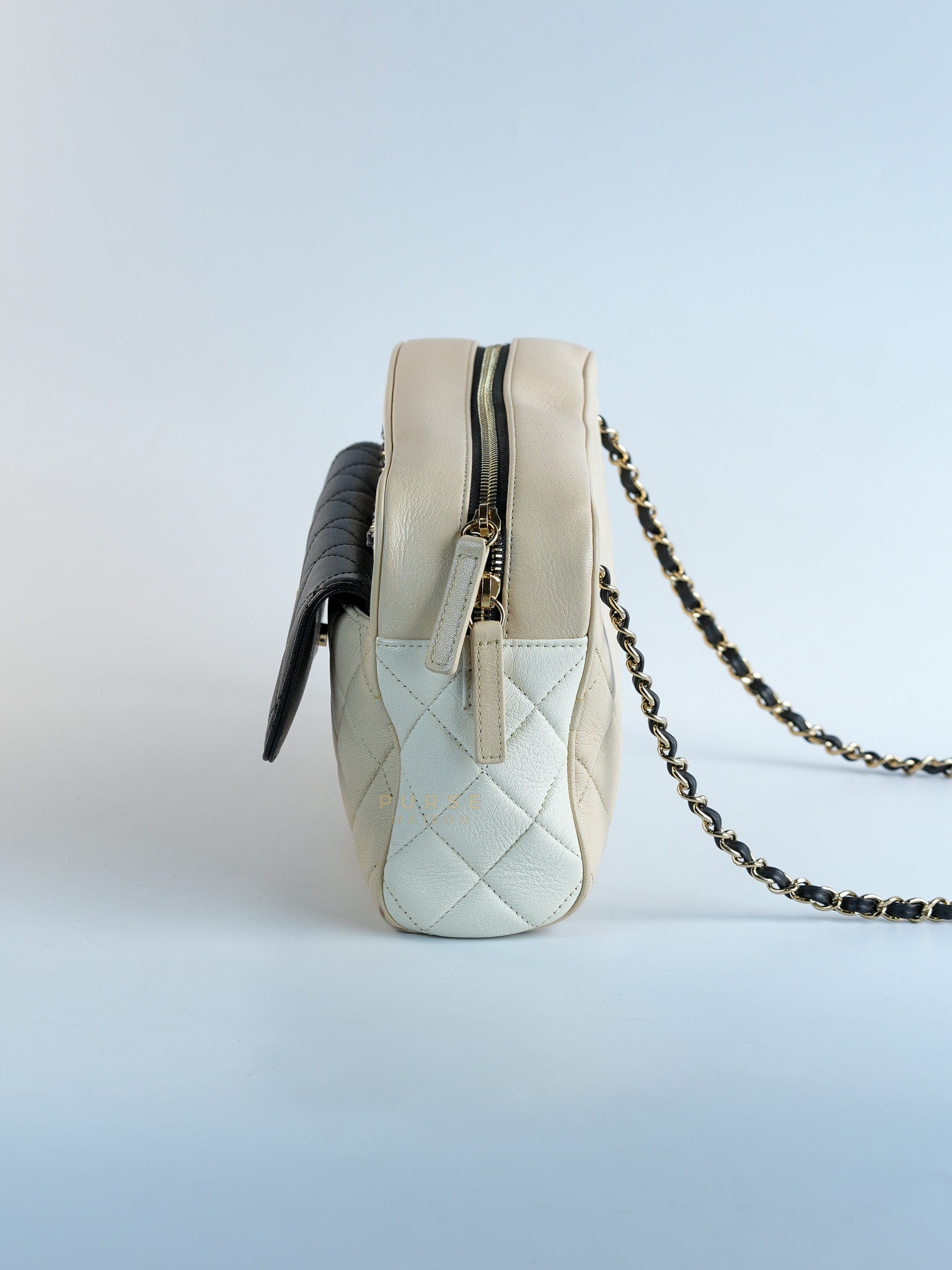 Goatskin Quilted Tri-Color Medium In & Out Camera Case Beige/White/Black (Series 29) | Purse Maison Luxury Bags Shop