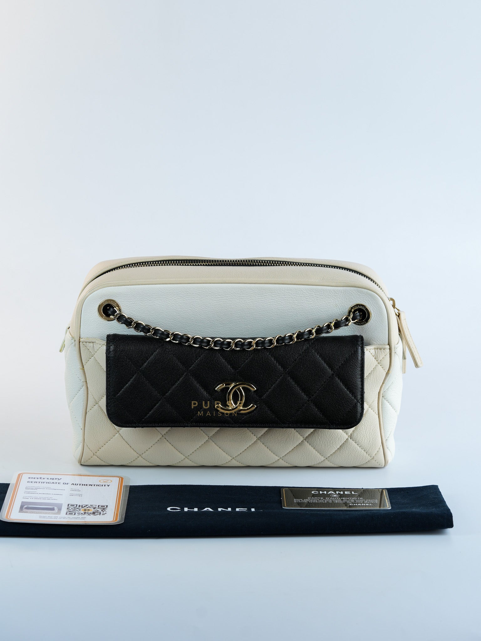 Goatskin Quilted Tri-Color Medium In & Out Camera Case Beige/White/Black (Series 29) | Purse Maison Luxury Bags Shop