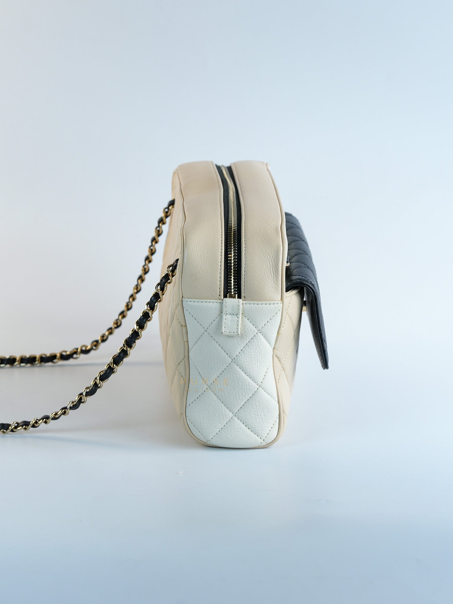 Goatskin Quilted Tri-Color Medium In & Out Camera Case Beige/White/Black (Series 29) | Purse Maison Luxury Bags Shop