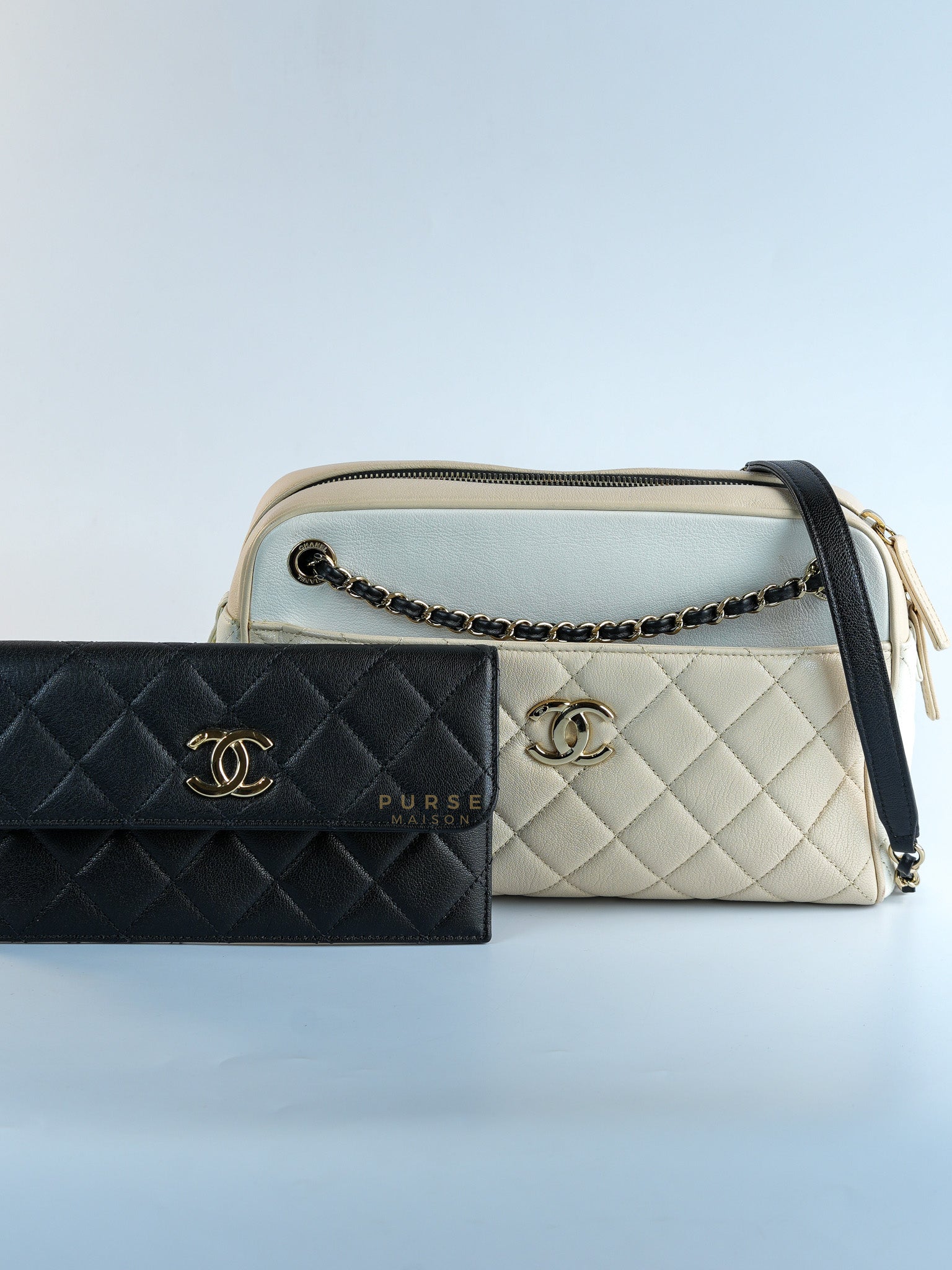 Goatskin Quilted Tri-Color Medium In & Out Camera Case Beige/White/Black (Series 29) | Purse Maison Luxury Bags Shop