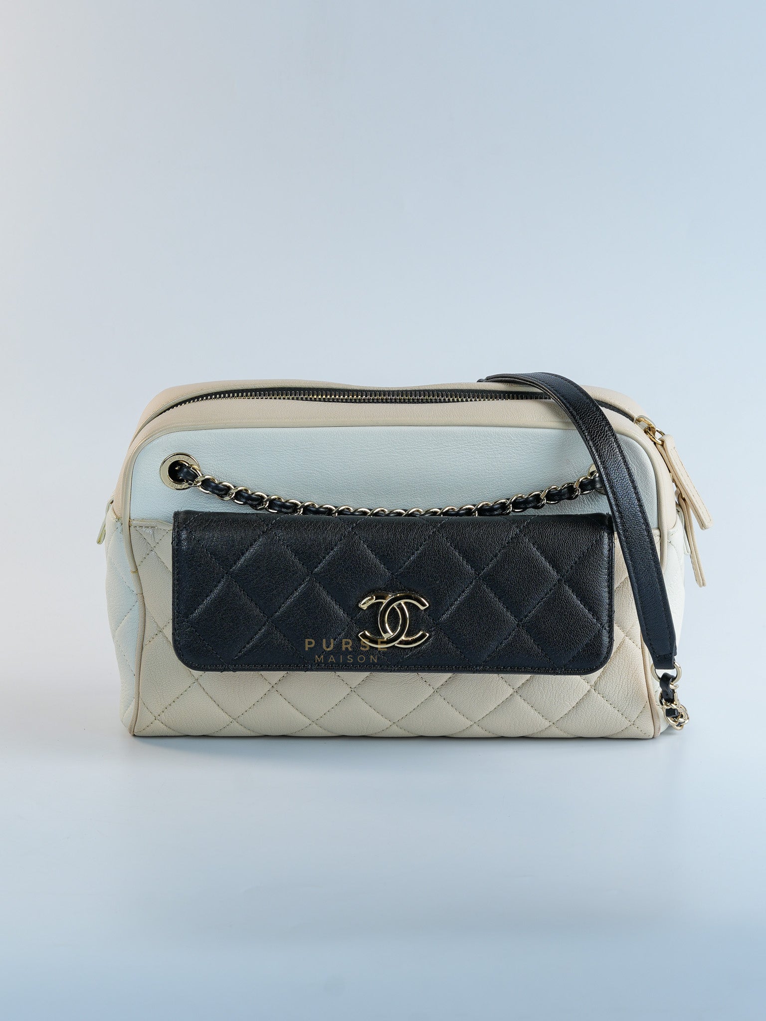 Goatskin Quilted Tri-Color Medium In & Out Camera Case Beige/White/Black (Series 29) | Purse Maison Luxury Bags Shop