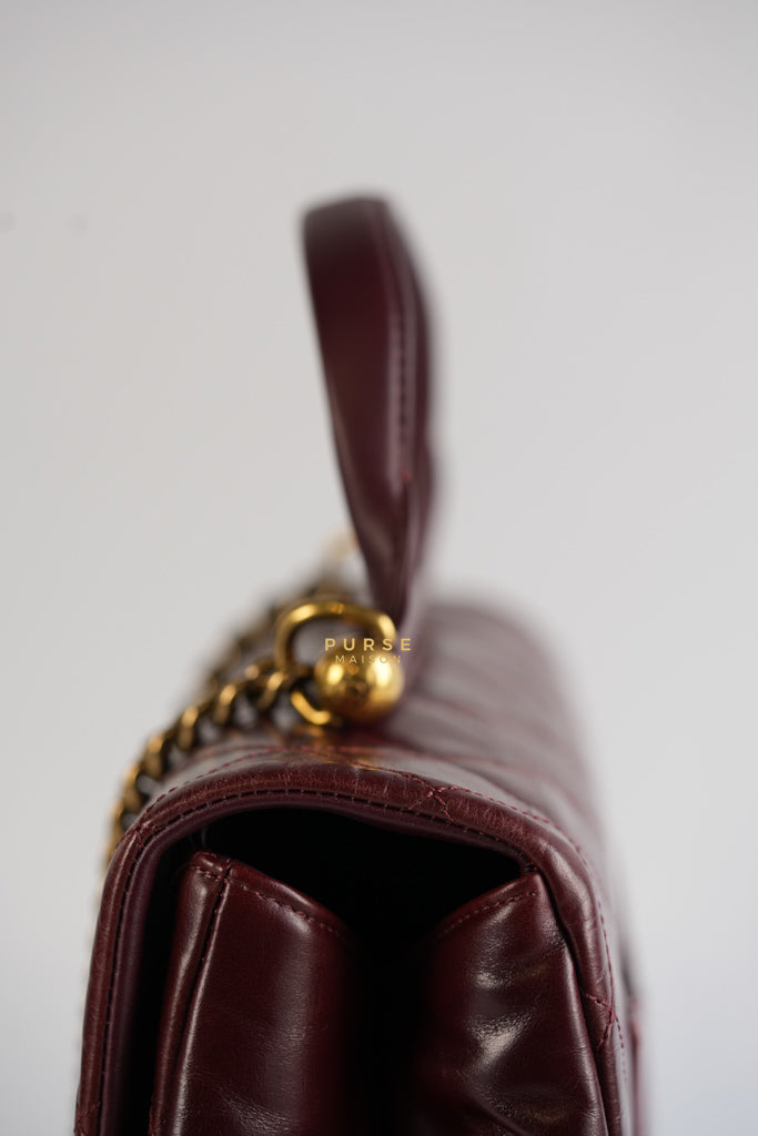 Gold Bar Top Handle Quilted Glazed Calfskin Leather in Dark Red Series 23 | Purse Maison Luxury Bags Shop