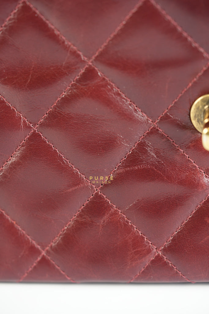 Gold Bar Top Handle Quilted Glazed Calfskin Leather in Dark Red Series 23 | Purse Maison Luxury Bags Shop