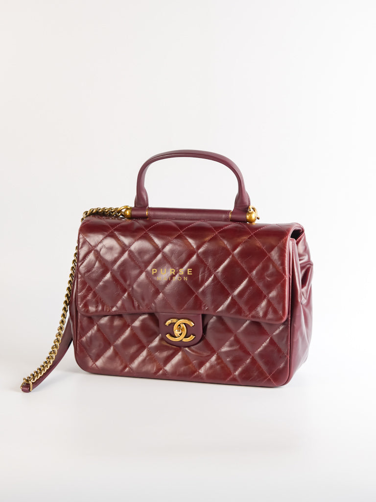 Gold Bar Top Handle Quilted Glazed Calfskin Leather in Dark Red Series 23 | Purse Maison Luxury Bags Shop