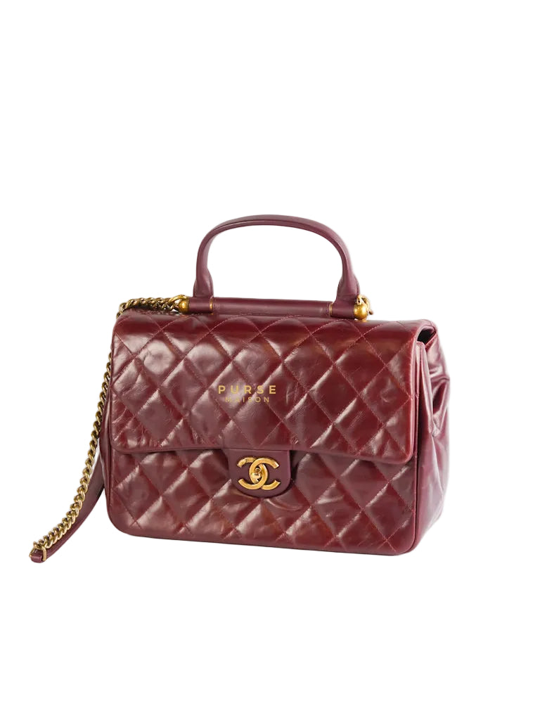 Gold Bar Top Handle Quilted Glazed Calfskin Leather in Dark Red Series 23 | Purse Maison Luxury Bags Shop
