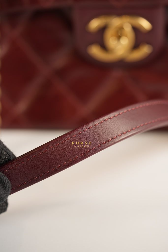 Gold Bar Top Handle Quilted Glazed Calfskin Leather in Dark Red Series 23 | Purse Maison Luxury Bags Shop
