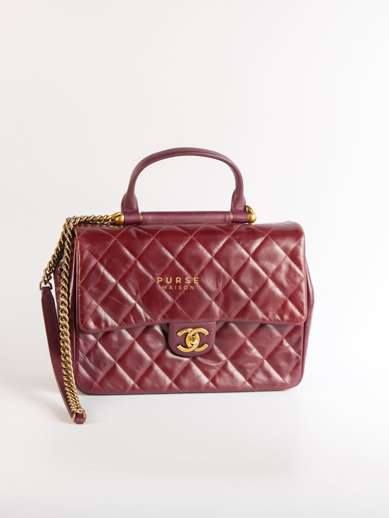 Gold Bar Top Handle Quilted Glazed Calfskin Leather in Dark Red Series 23 | Purse Maison Luxury Bags Shop