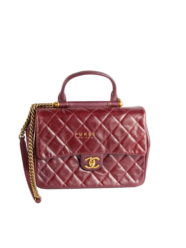 Gold Bar Top Handle Quilted Glazed Calfskin Leather in Dark Red Series 23 | Purse Maison Luxury Bags Shop