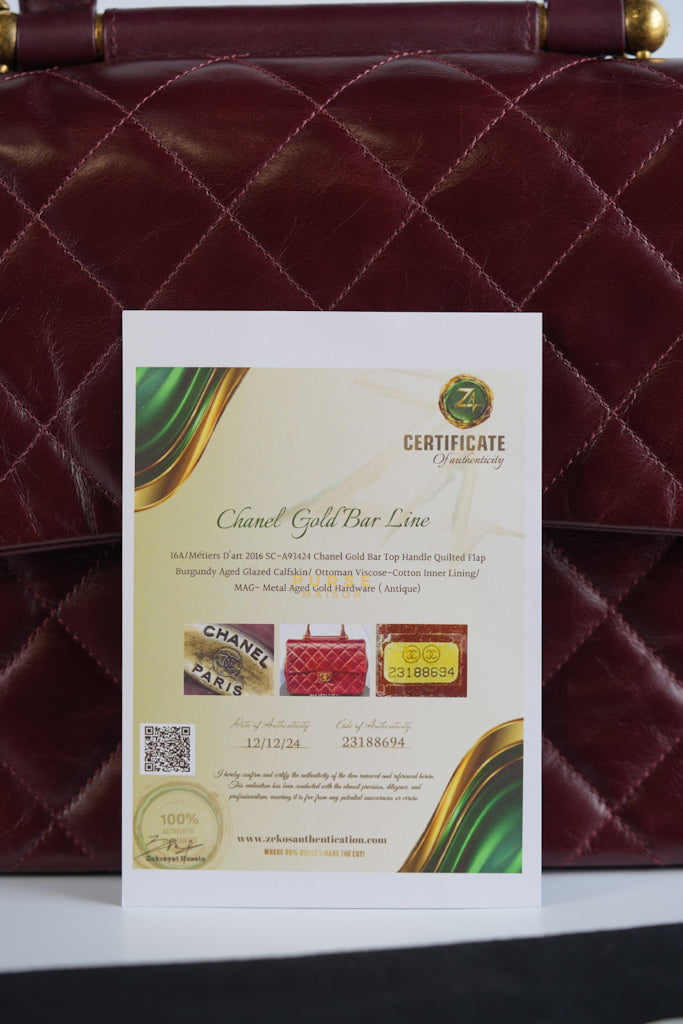 Gold Bar Top Handle Quilted Glazed Calfskin Leather in Dark Red Series 23 | Purse Maison Luxury Bags Shop