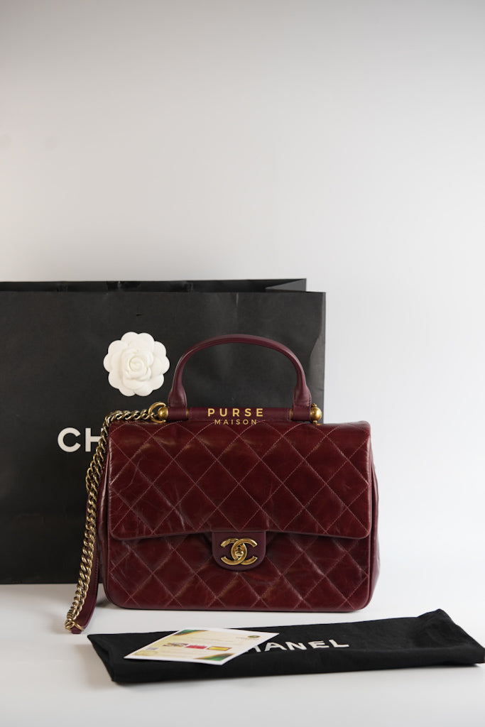 Gold Bar Top Handle Quilted Glazed Calfskin Leather in Dark Red Series 23 | Purse Maison Luxury Bags Shop