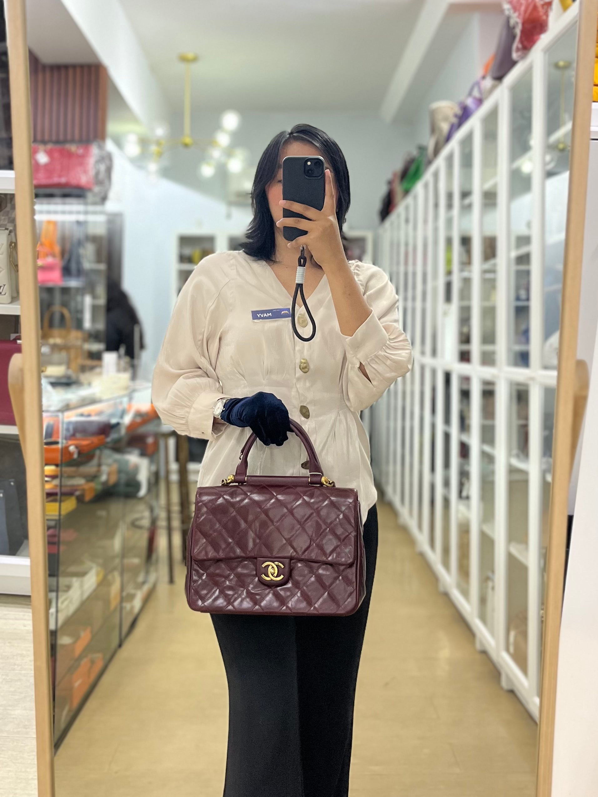 Gold Bar Top Handle Quilted Glazed Calfskin Leather in Dark Red Series 23 | Purse Maison Luxury Bags Shop