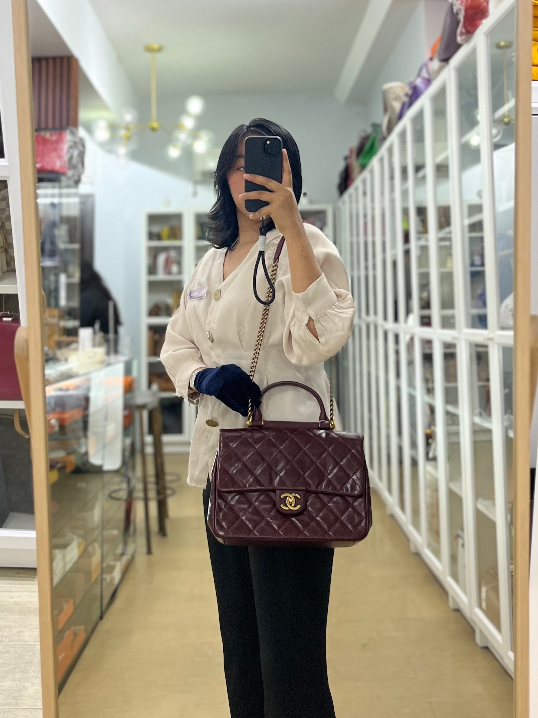 Gold Bar Top Handle Quilted Glazed Calfskin Leather in Dark Red Series 23 | Purse Maison Luxury Bags Shop