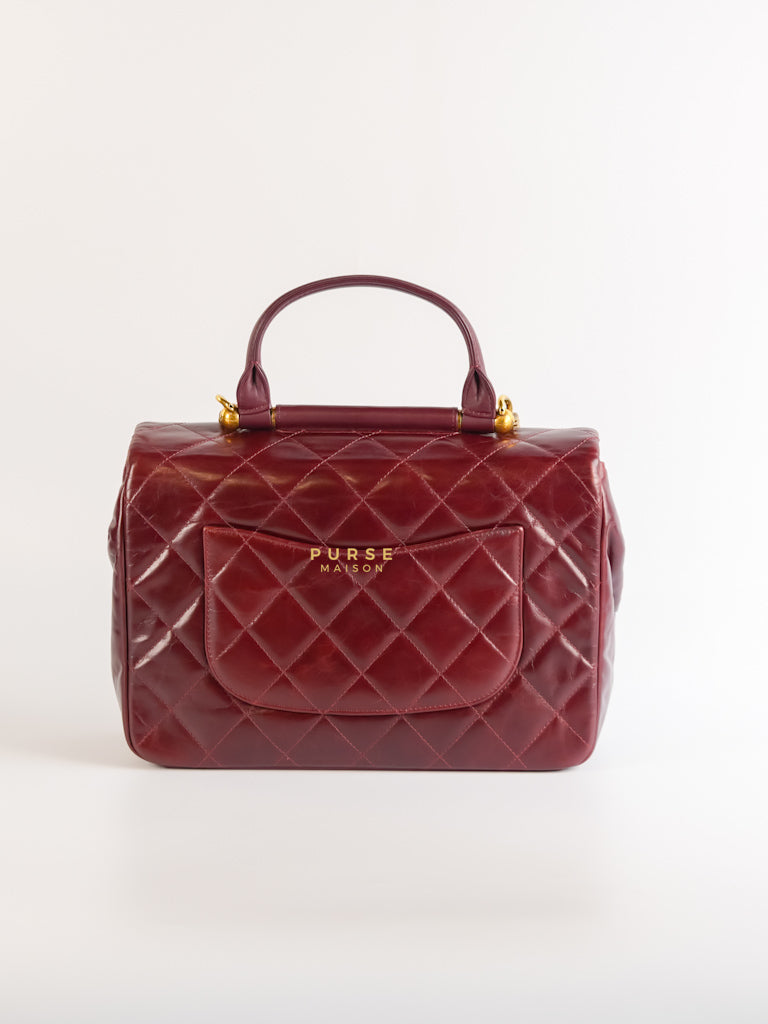 Gold Bar Top Handle Quilted Glazed Calfskin Leather in Dark Red Series 23 | Purse Maison Luxury Bags Shop