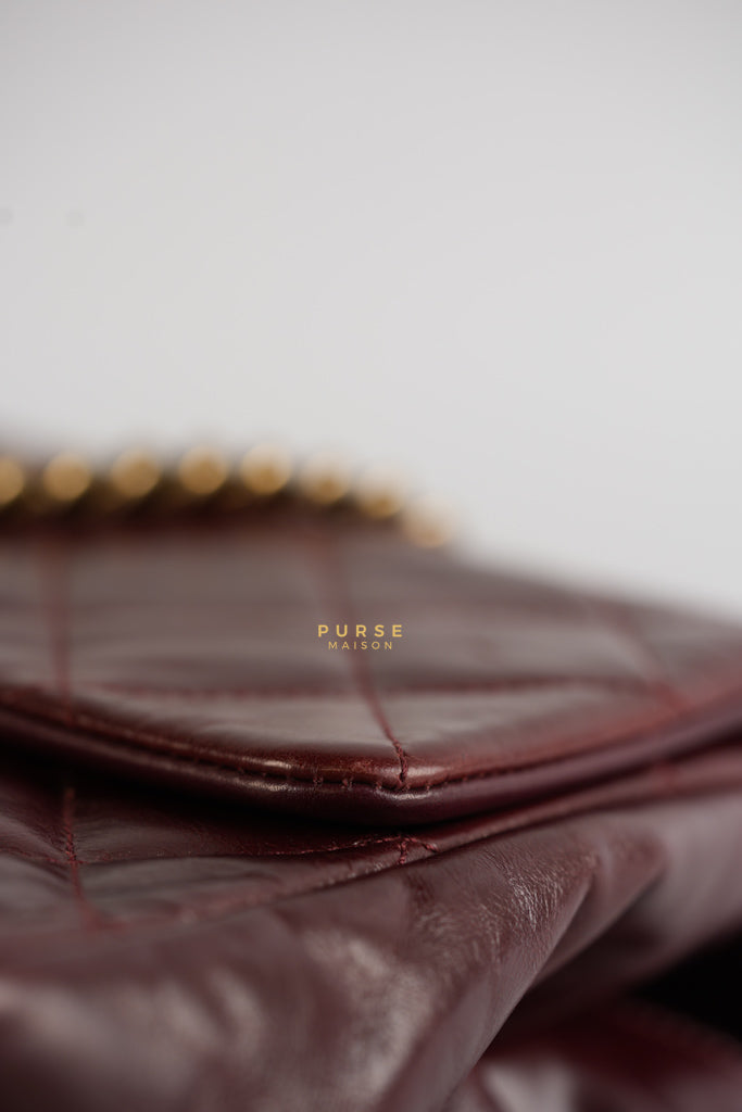 Gold Bar Top Handle Quilted Glazed Calfskin Leather in Dark Red Series 23 | Purse Maison Luxury Bags Shop