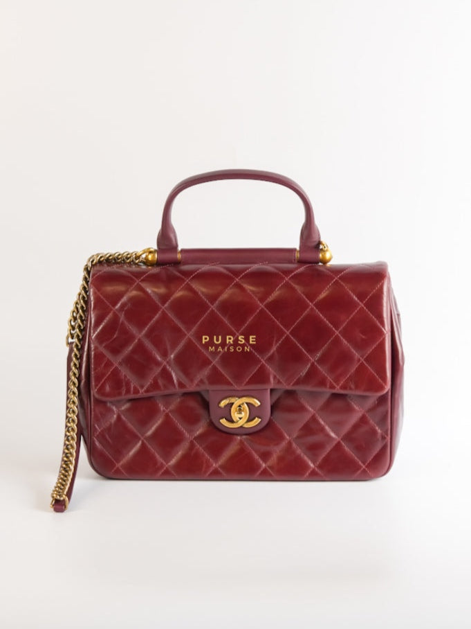 Gold Bar Top Handle Quilted Glazed Calfskin Leather in Dark Red Series 23 | Purse Maison Luxury Bags Shop