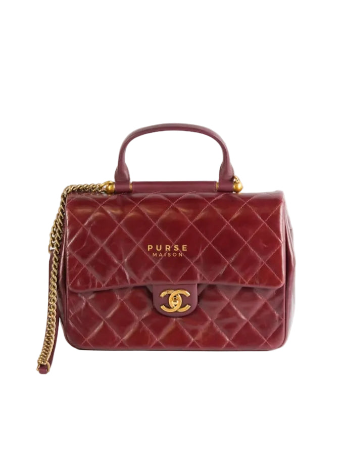 Gold Bar Top Handle Quilted Glazed Calfskin Leather in Dark Red Series 23 | Purse Maison Luxury Bags Shop
