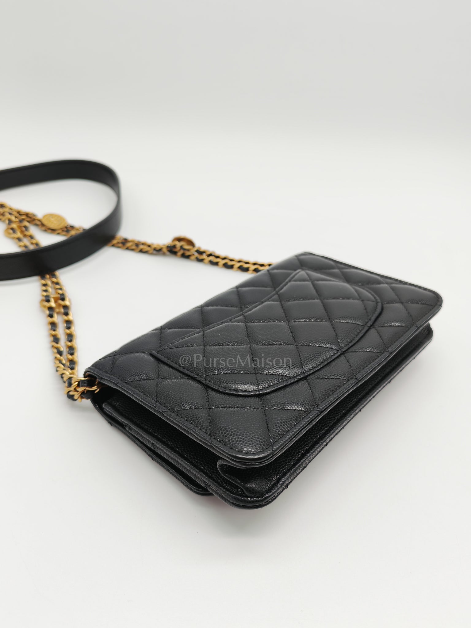 Gold Coin Wallet On Chain(WOC) Black Caviar Leather Aged Gold Hardware (Microchip) | Purse Maison Luxury Bags Shop