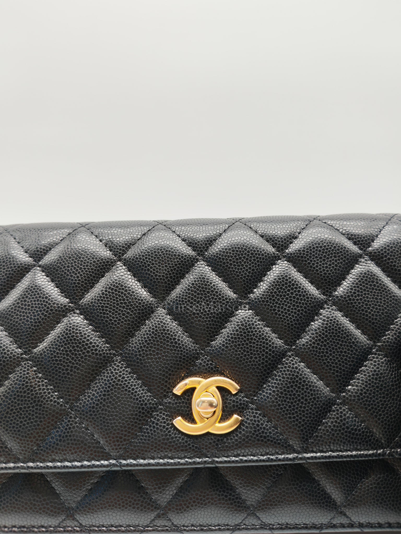 Gold Coin Wallet On Chain(WOC) Black Caviar Leather Aged Gold Hardware (Microchip) | Purse Maison Luxury Bags Shop