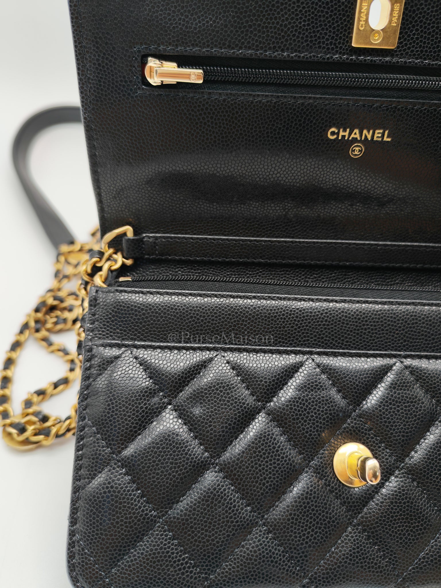 Gold Coin Wallet On Chain(WOC) Black Caviar Leather Aged Gold Hardware (Microchip) | Purse Maison Luxury Bags Shop