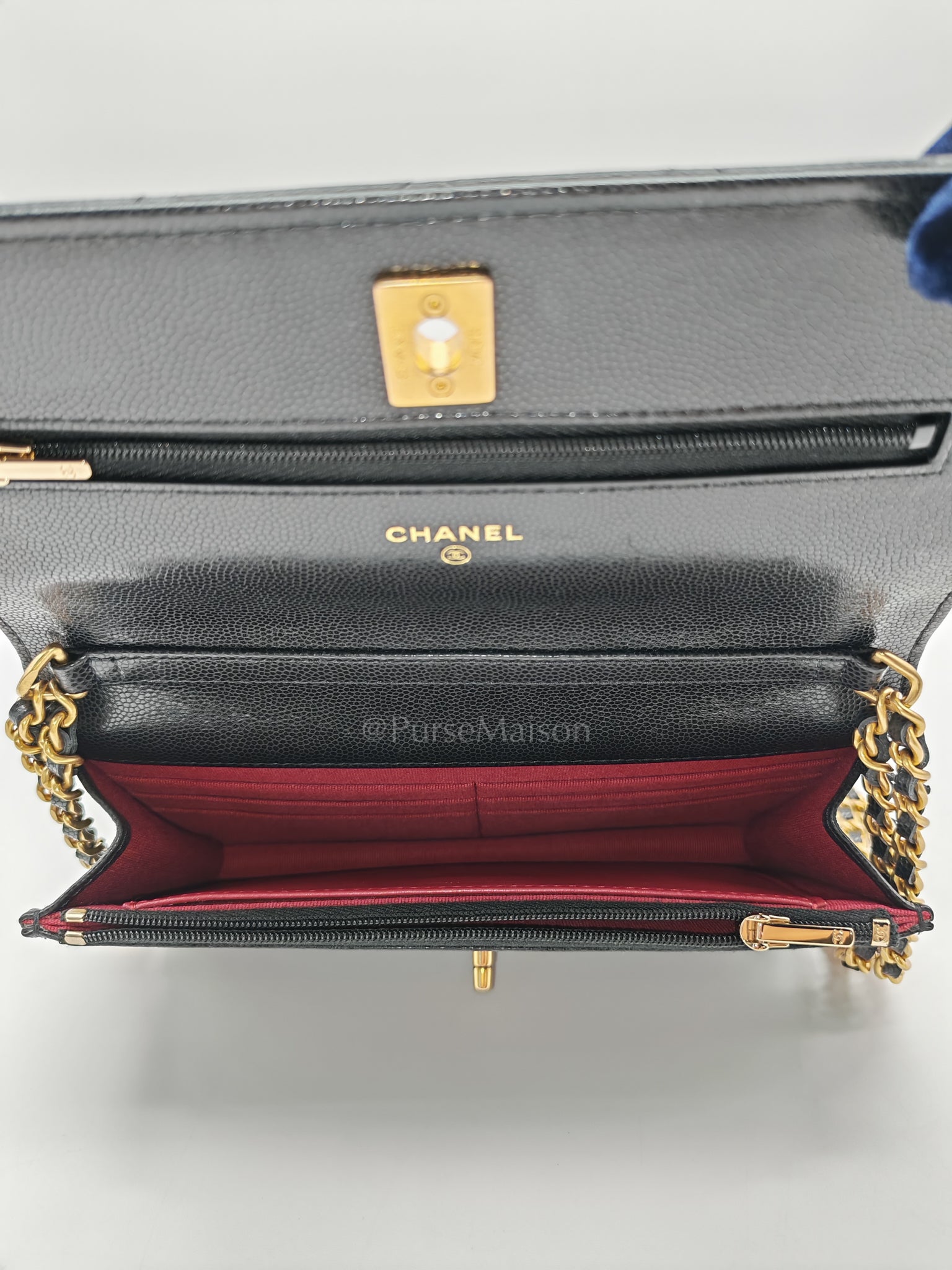 Gold Coin Wallet On Chain(WOC) Black Caviar Leather Aged Gold Hardware (Microchip) | Purse Maison Luxury Bags Shop
