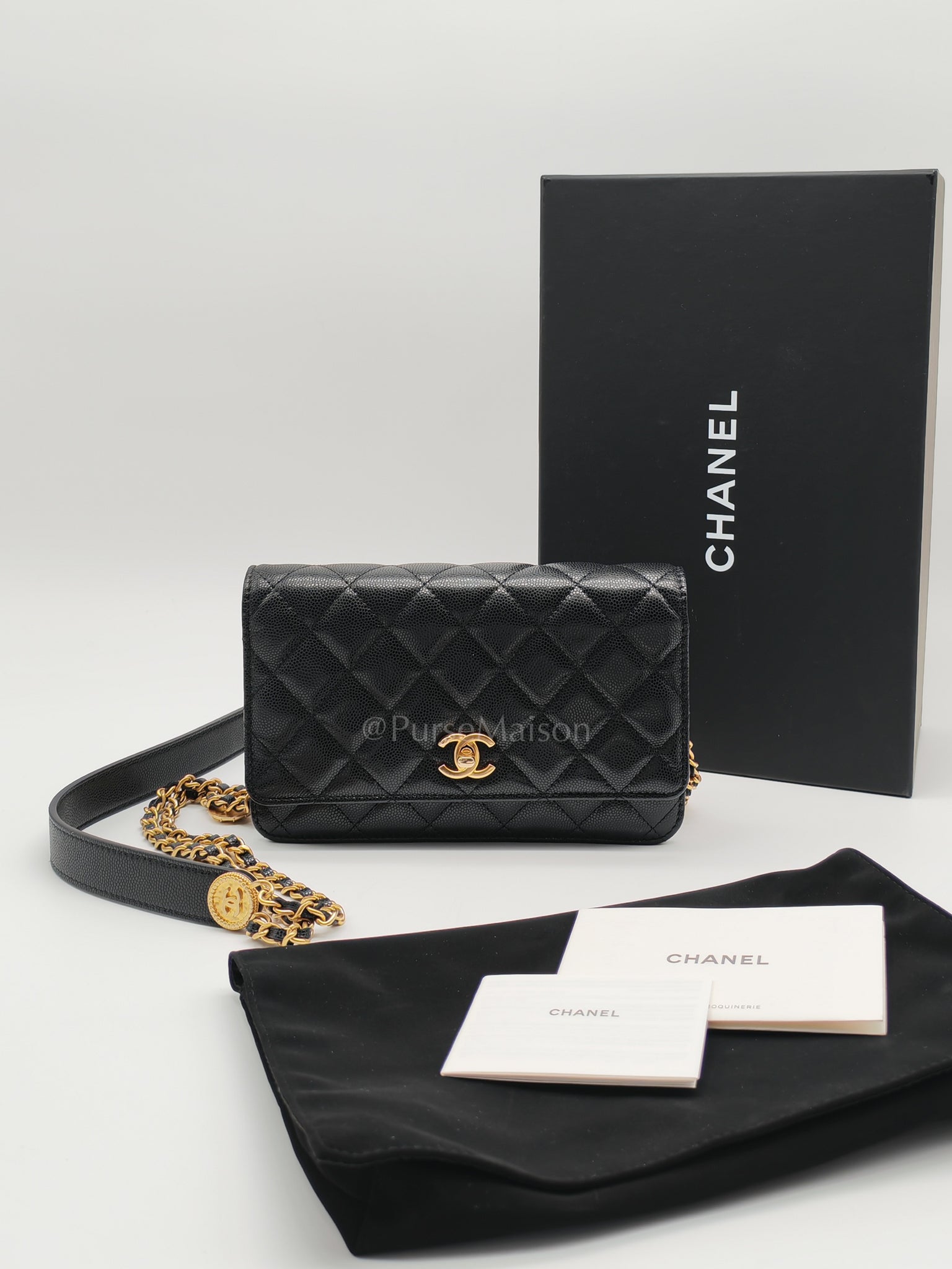 Gold Coin Wallet On Chain(WOC) Black Caviar Leather Aged Gold Hardware (Microchip) | Purse Maison Luxury Bags Shop