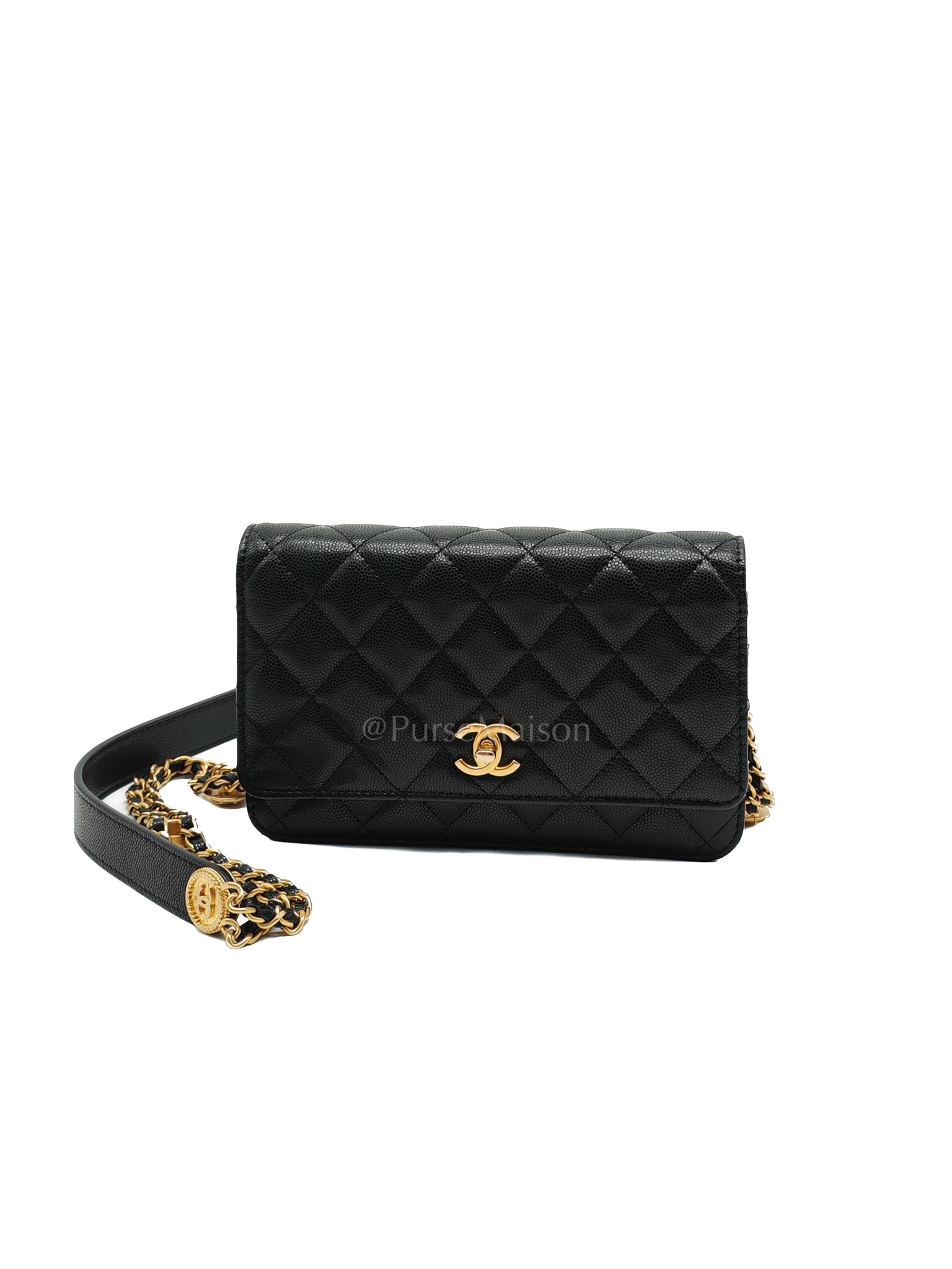 Gold Coin Wallet On Chain(WOC) Black Caviar Leather Aged Gold Hardware (Microchip) | Purse Maison Luxury Bags Shop