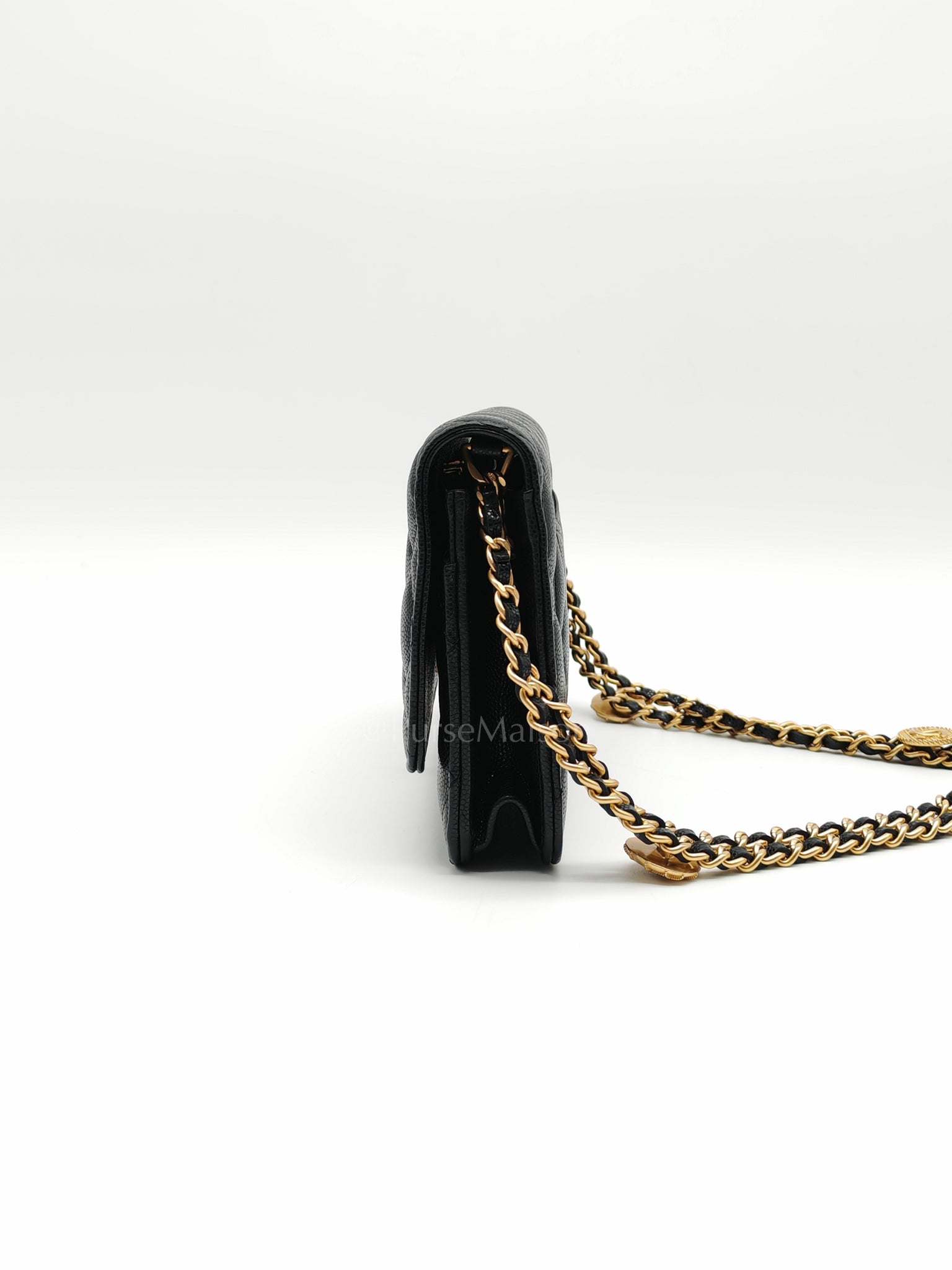 Gold Coin Wallet On Chain(WOC) Black Caviar Leather Aged Gold Hardware (Microchip) | Purse Maison Luxury Bags Shop