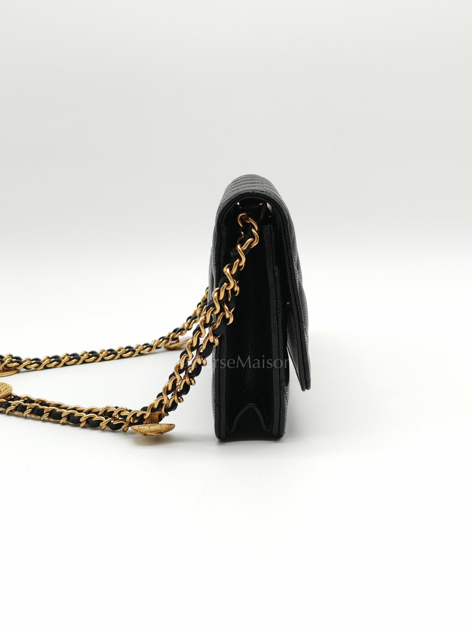Gold Coin Wallet On Chain(WOC) Black Caviar Leather Aged Gold Hardware (Microchip) | Purse Maison Luxury Bags Shop