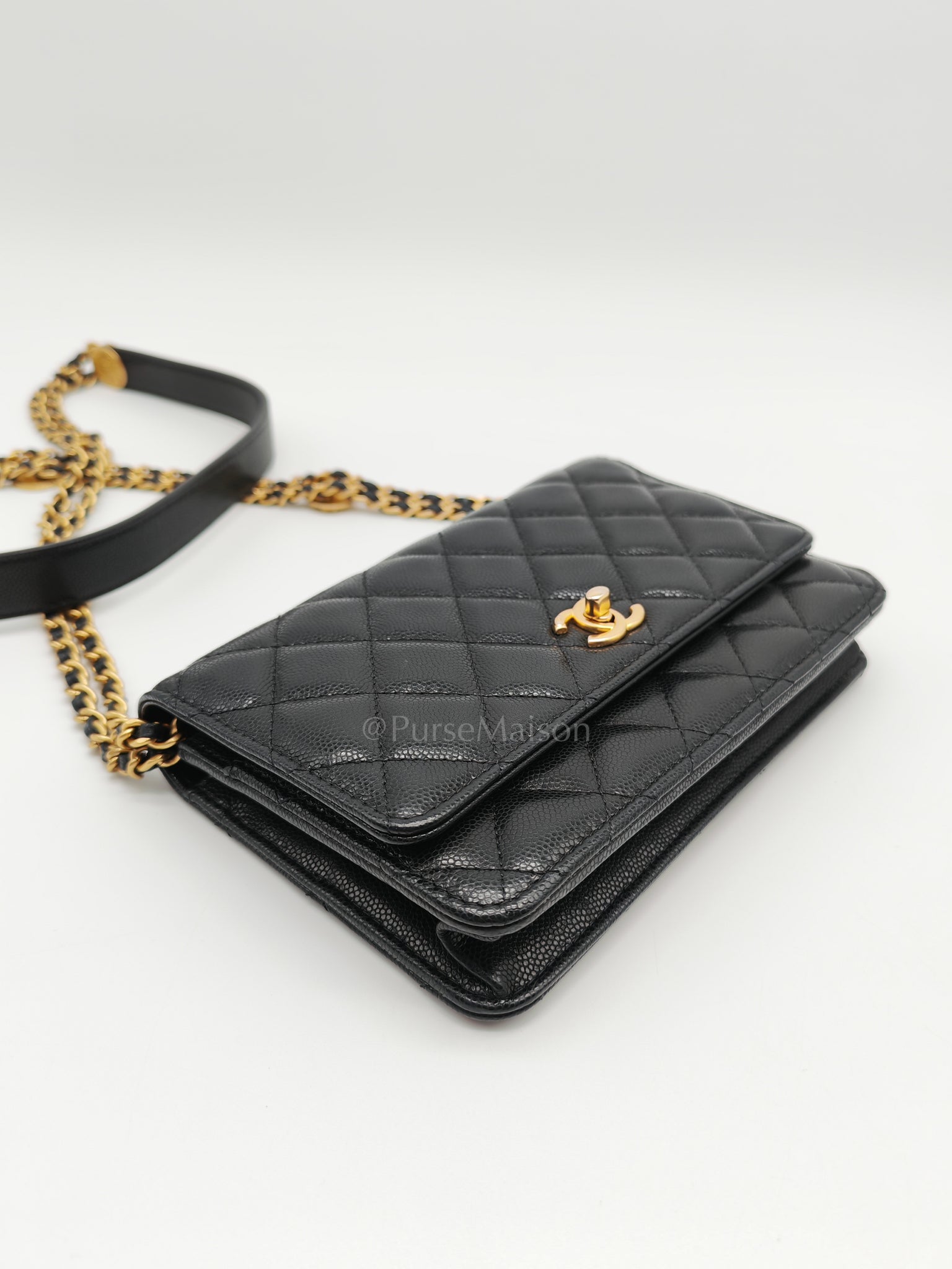 Gold Coin Wallet On Chain(WOC) Black Caviar Leather Aged Gold Hardware (Microchip) | Purse Maison Luxury Bags Shop