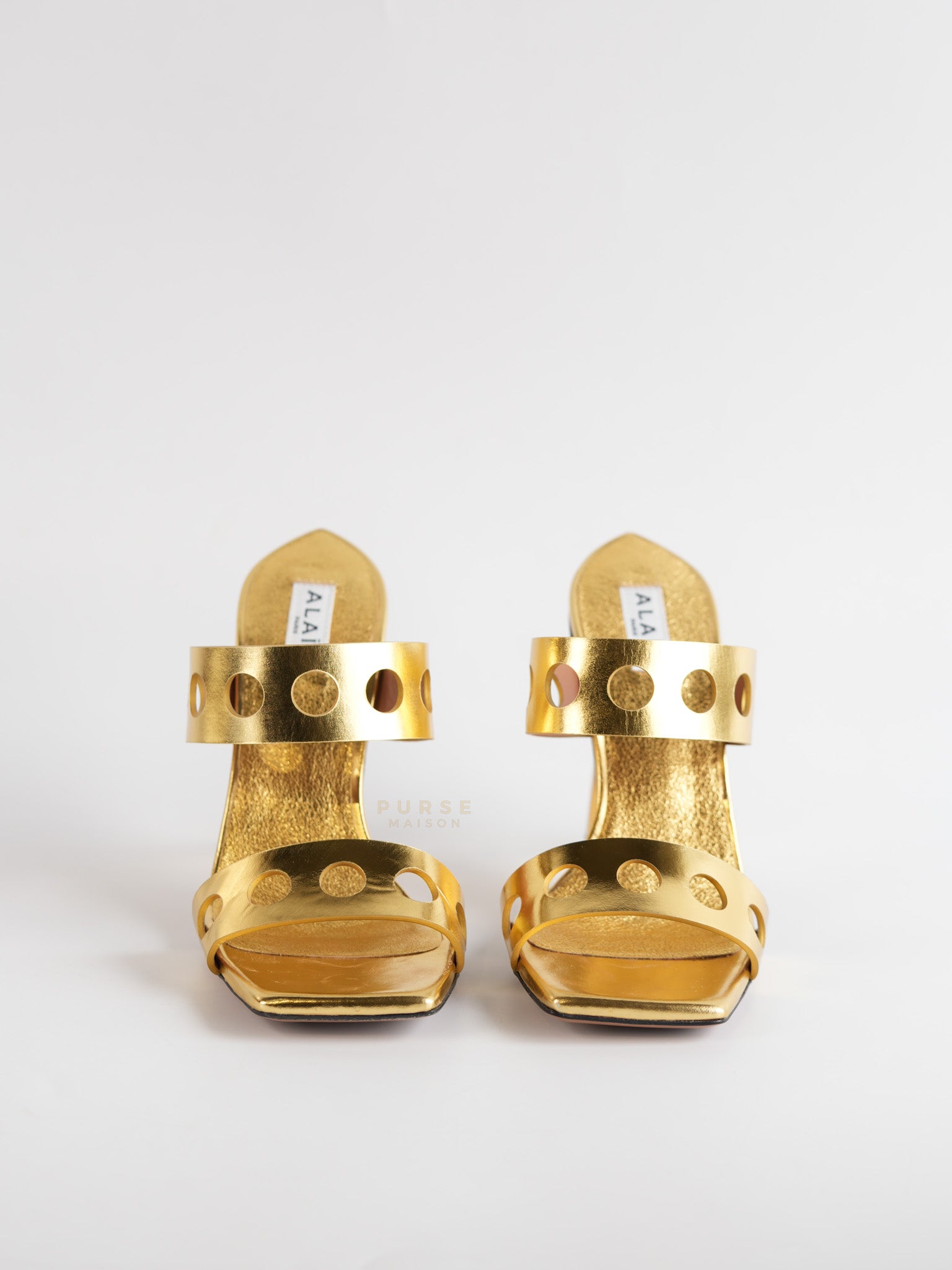 Gold Metallic Perfo Leather Sandals Perforated Heels Size 36 EU(22.5cm) | Purse Maison Luxury Bags Shop
