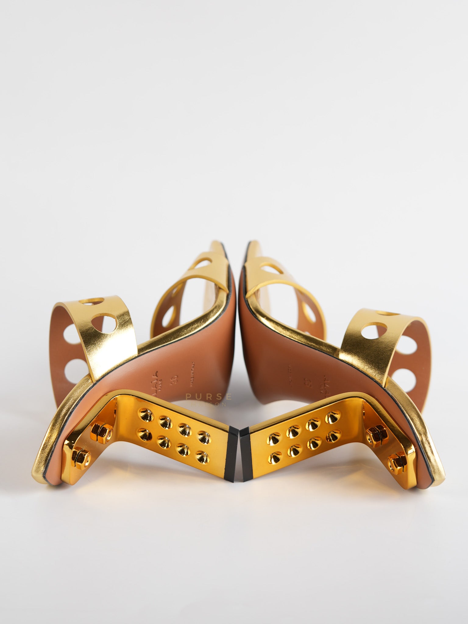 Gold Metallic Perfo Leather Sandals Perforated Heels Size 36 EU(22.5cm) | Purse Maison Luxury Bags Shop