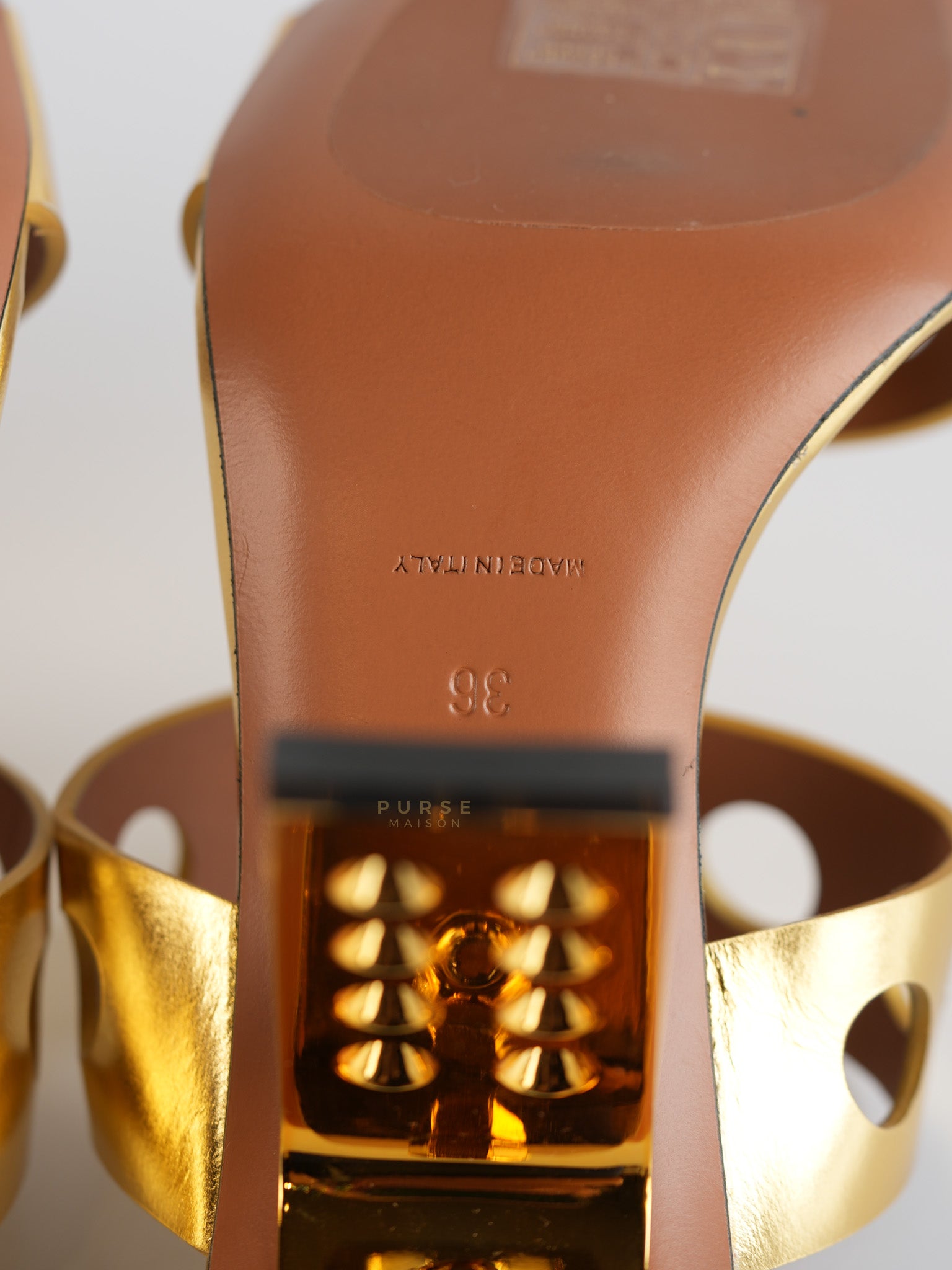 Gold Metallic Perfo Leather Sandals Perforated Heels Size 36 EU(22.5cm) | Purse Maison Luxury Bags Shop