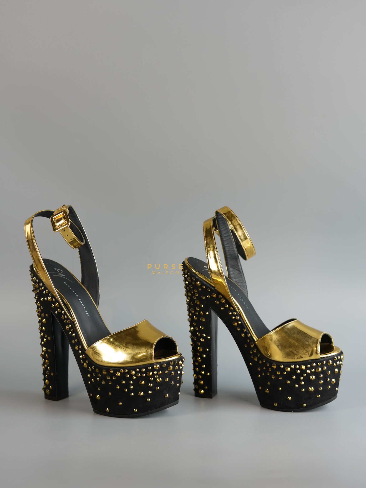Gold Platform Crystal Stud Chunky Block Heel Sandals Women size 38 (23.9cm) | Purse Maison Luxury Bags Shop