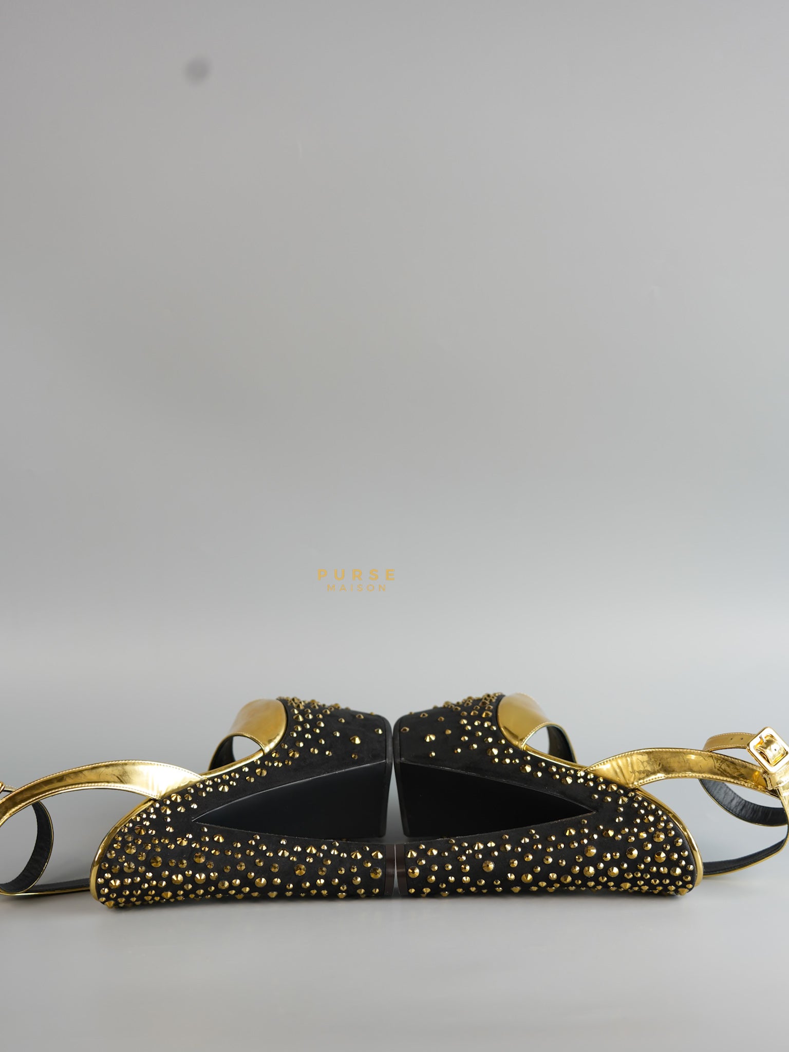 Gold Platform Crystal Stud Chunky Block Heel Sandals Women size 38 (23.9cm) | Purse Maison Luxury Bags Shop