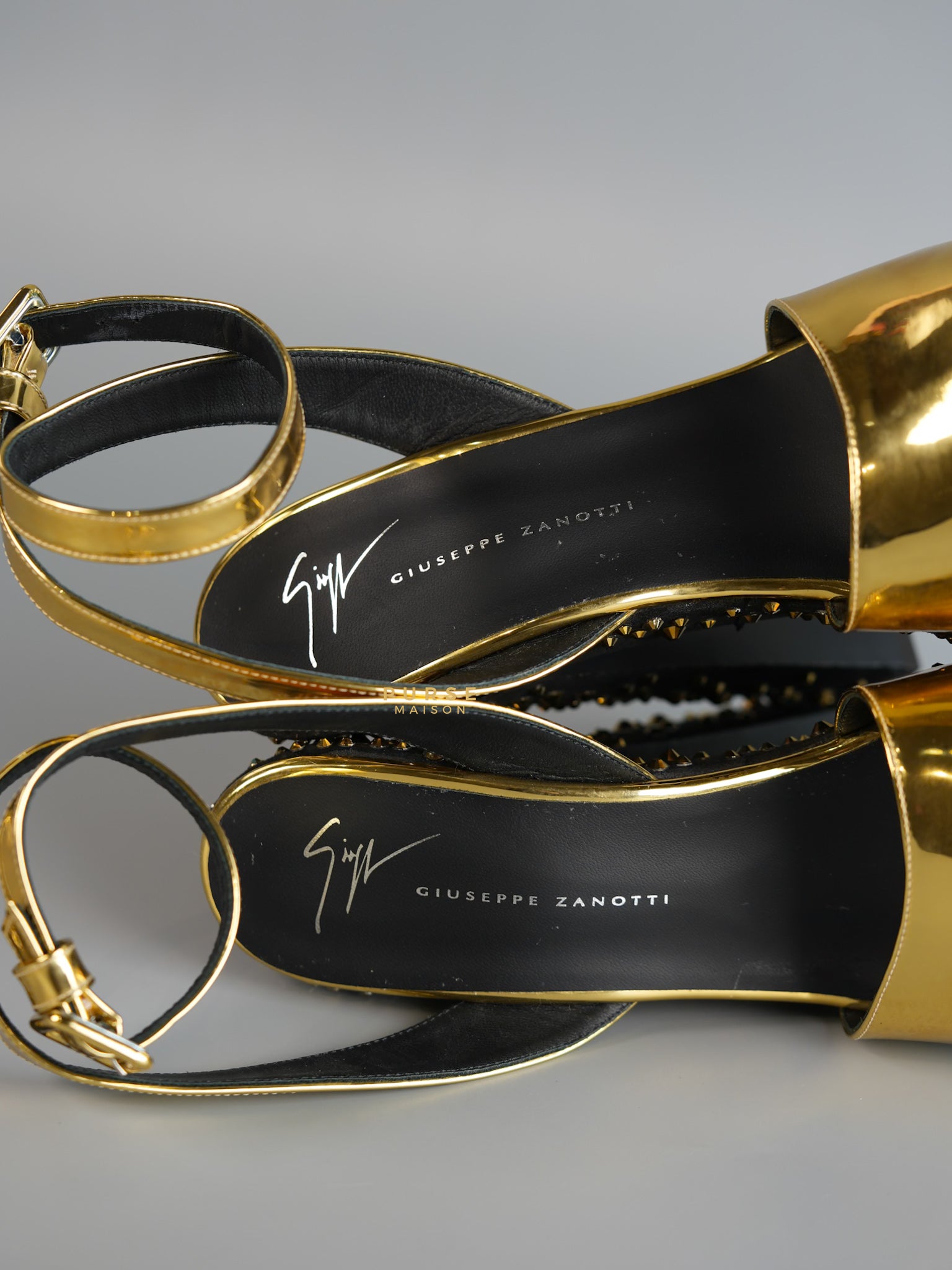 Gold Platform Crystal Stud Chunky Block Heel Sandals Women size 38 (23.9cm) | Purse Maison Luxury Bags Shop